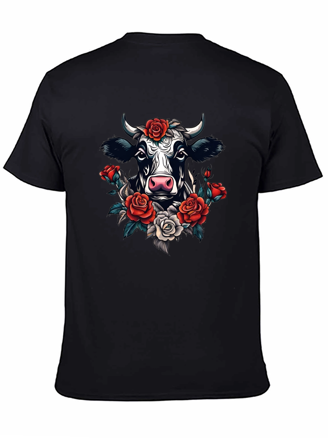 Floral Cow Graphic Tee - Black Cotton T-Shirt