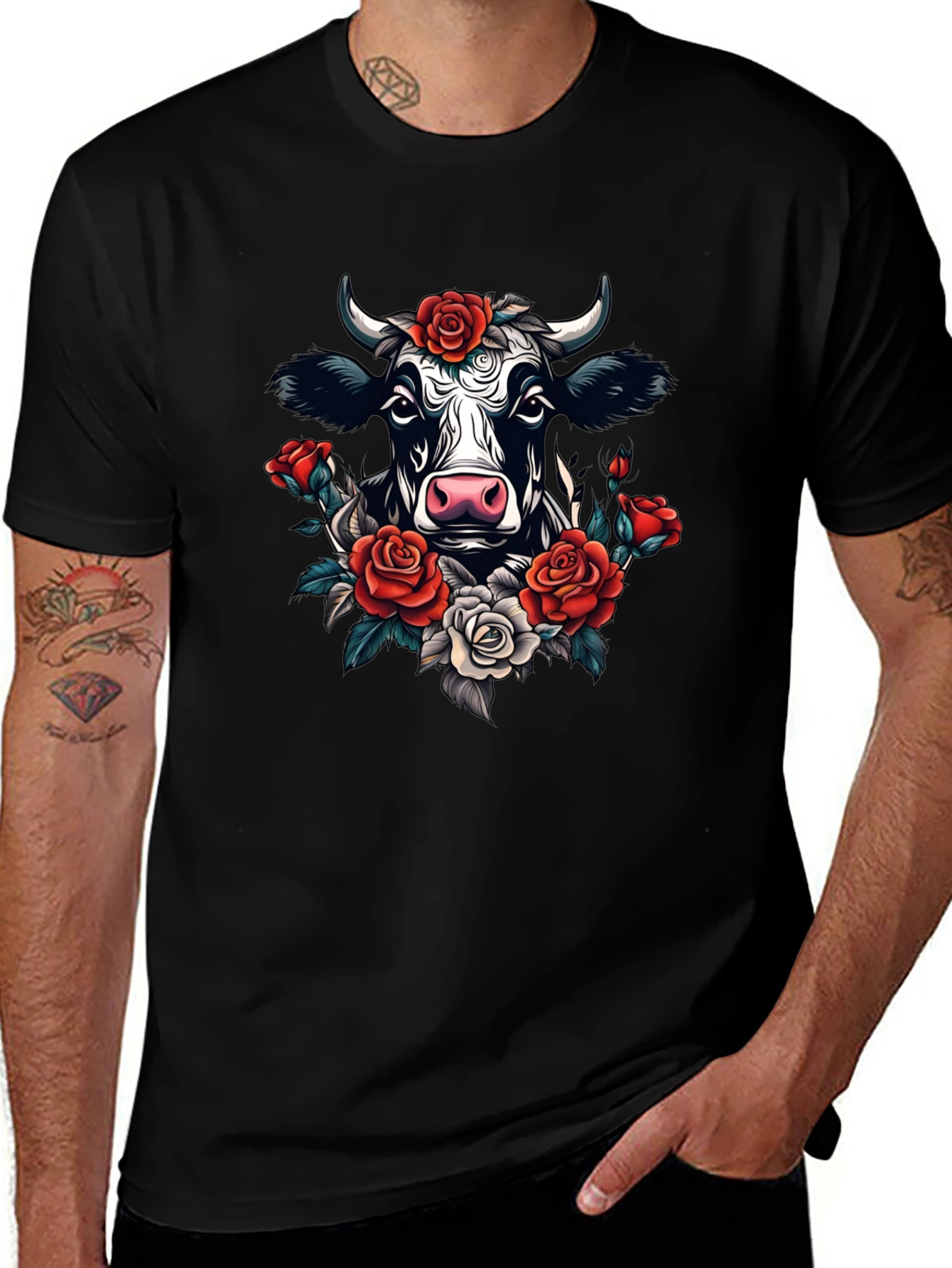 Floral Cow Graphic Tee - Black Cotton T-Shirt