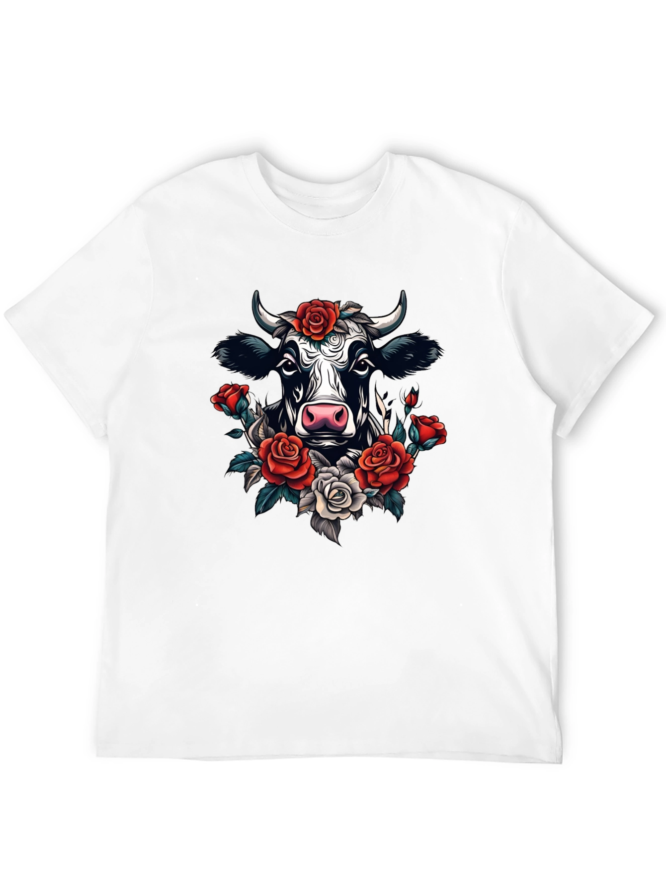 Floral Cow Graphic Tee - Black Cotton T-Shirt