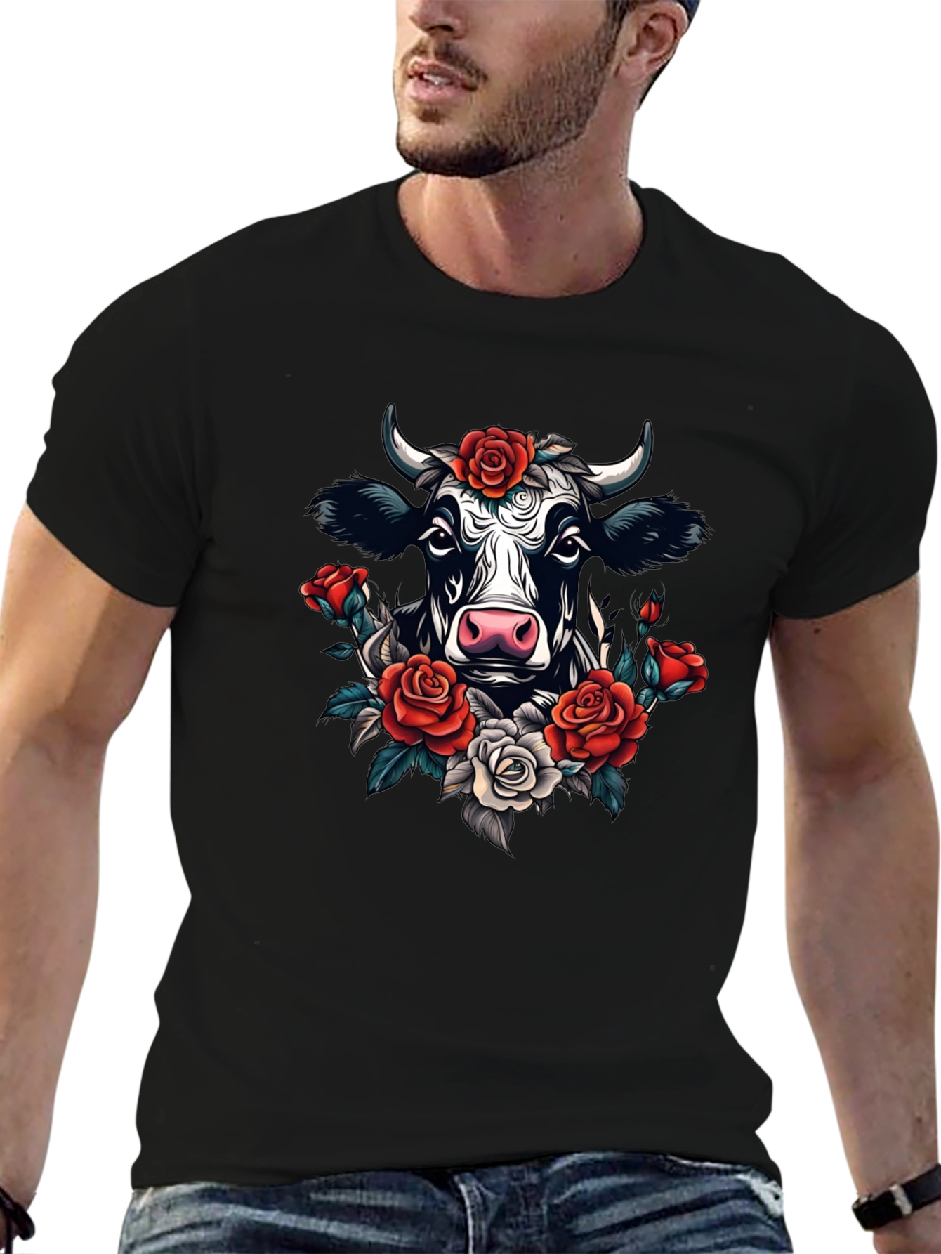 Floral Cow Graphic Tee - Black Cotton T-Shirt