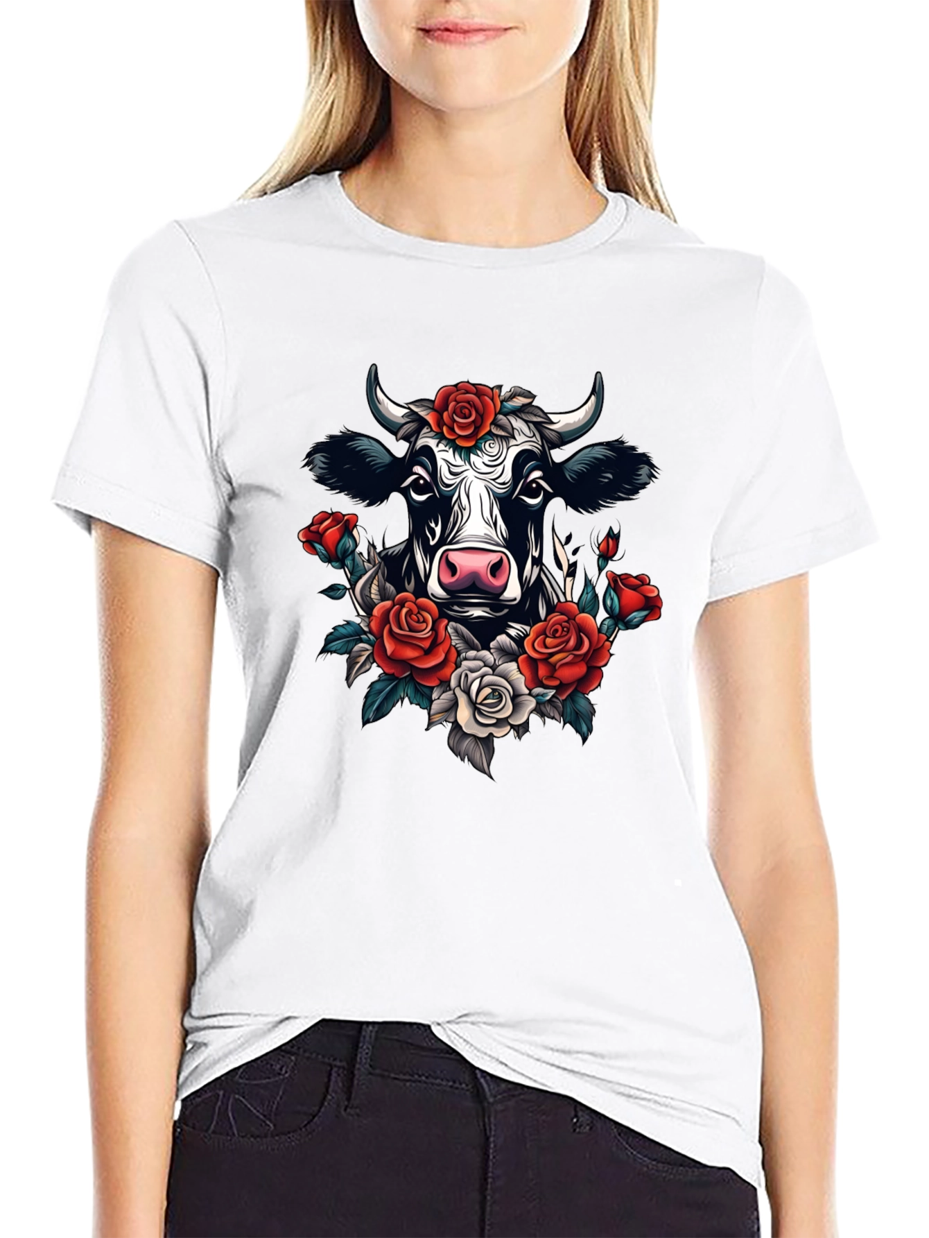 Floral Cow Graphic Tee - Black Cotton T-Shirt