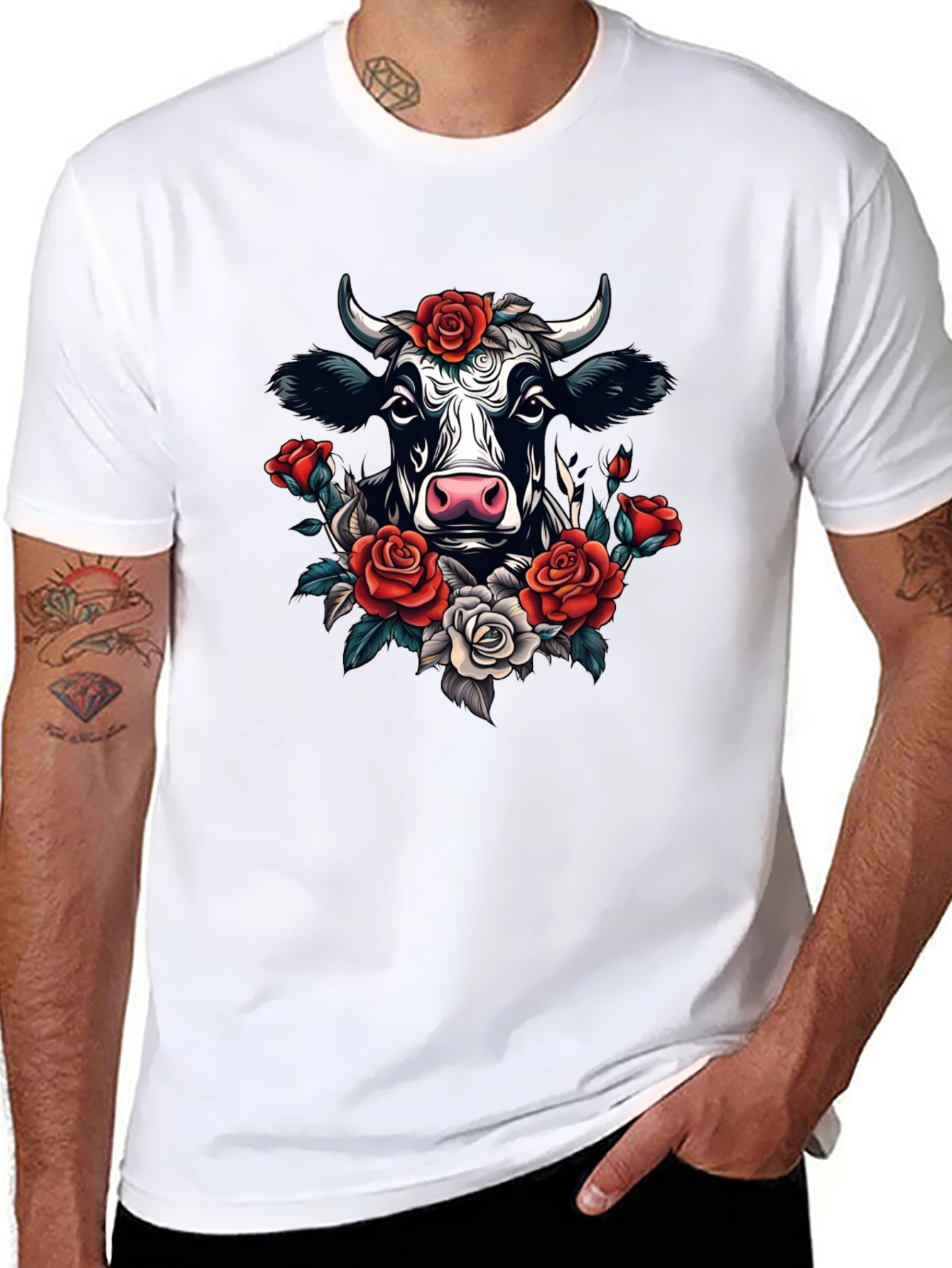 Floral Cow Graphic Tee - Black Cotton T-Shirt