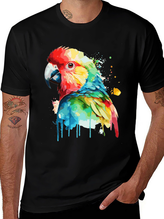 Colorful Parrot Graphic Black T-Shirt