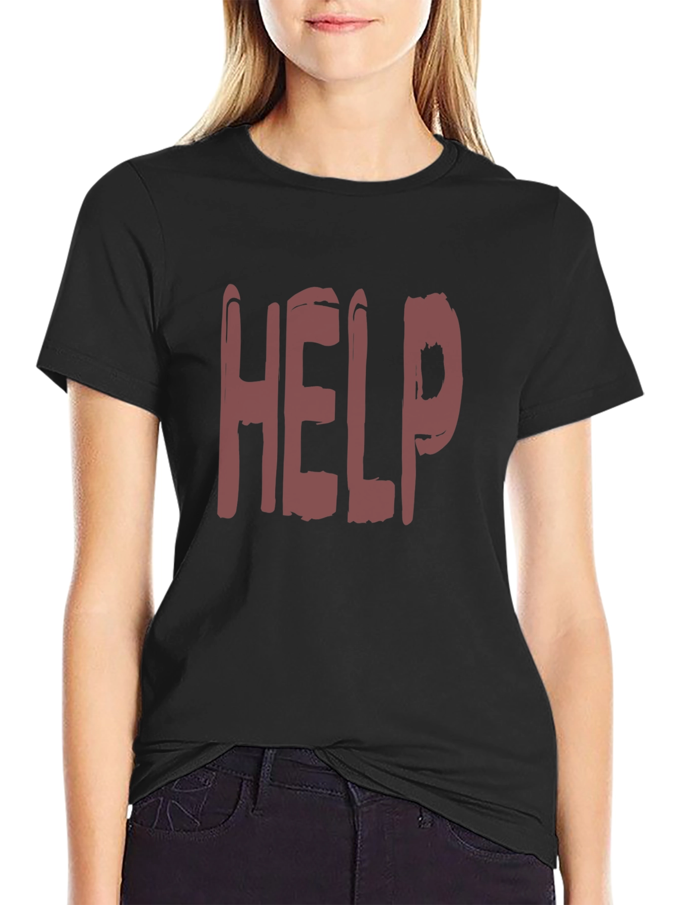 Distressed HELP Print Black T-Shirt