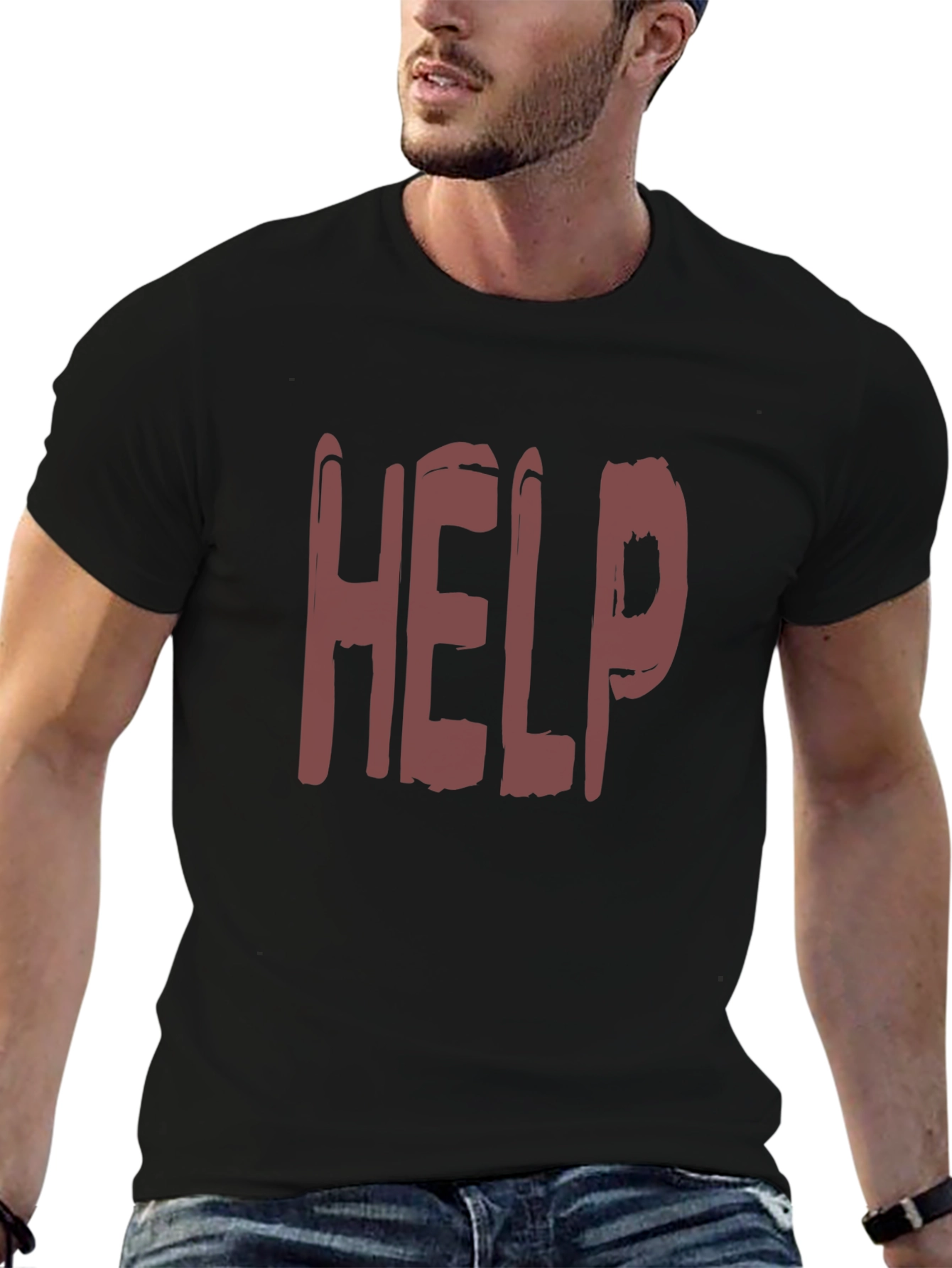 Distressed HELP Print Black T-Shirt