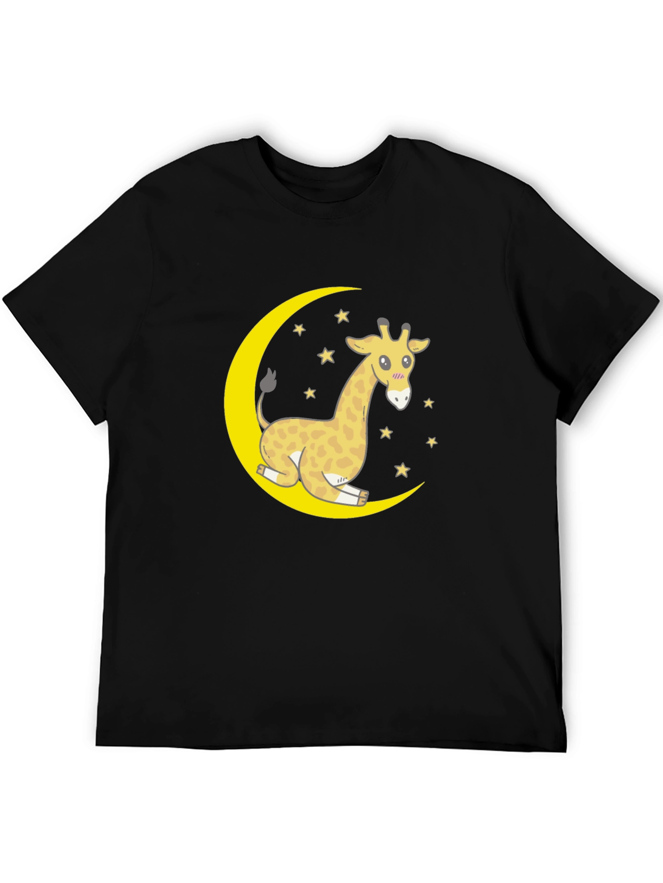 Cute Giraffe on Moon Graphic T-Shirt - Black