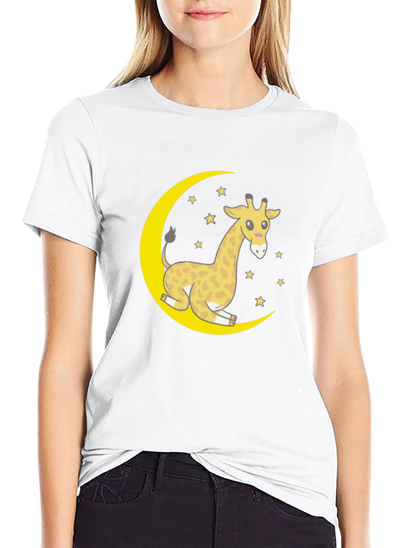 Cute Giraffe on Moon Graphic T-Shirt - Black