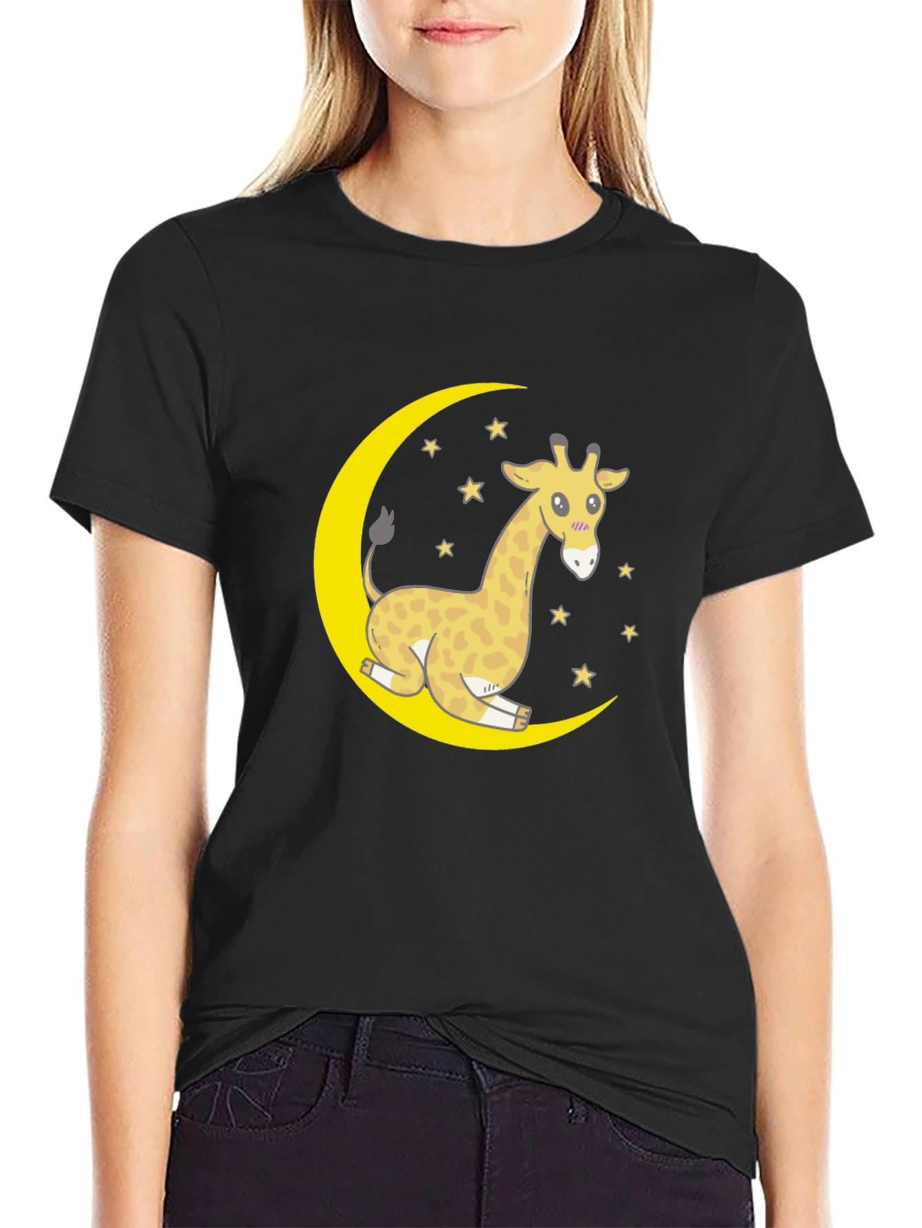 Cute Giraffe on Moon Graphic T-Shirt - Black