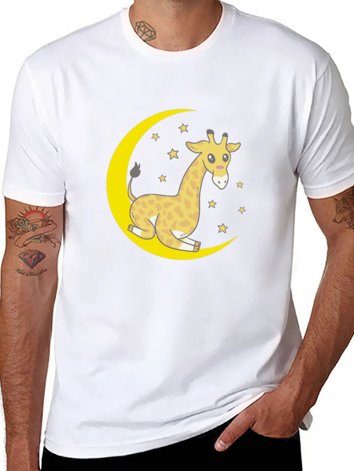 Cute Giraffe on Moon Graphic T-Shirt - Black