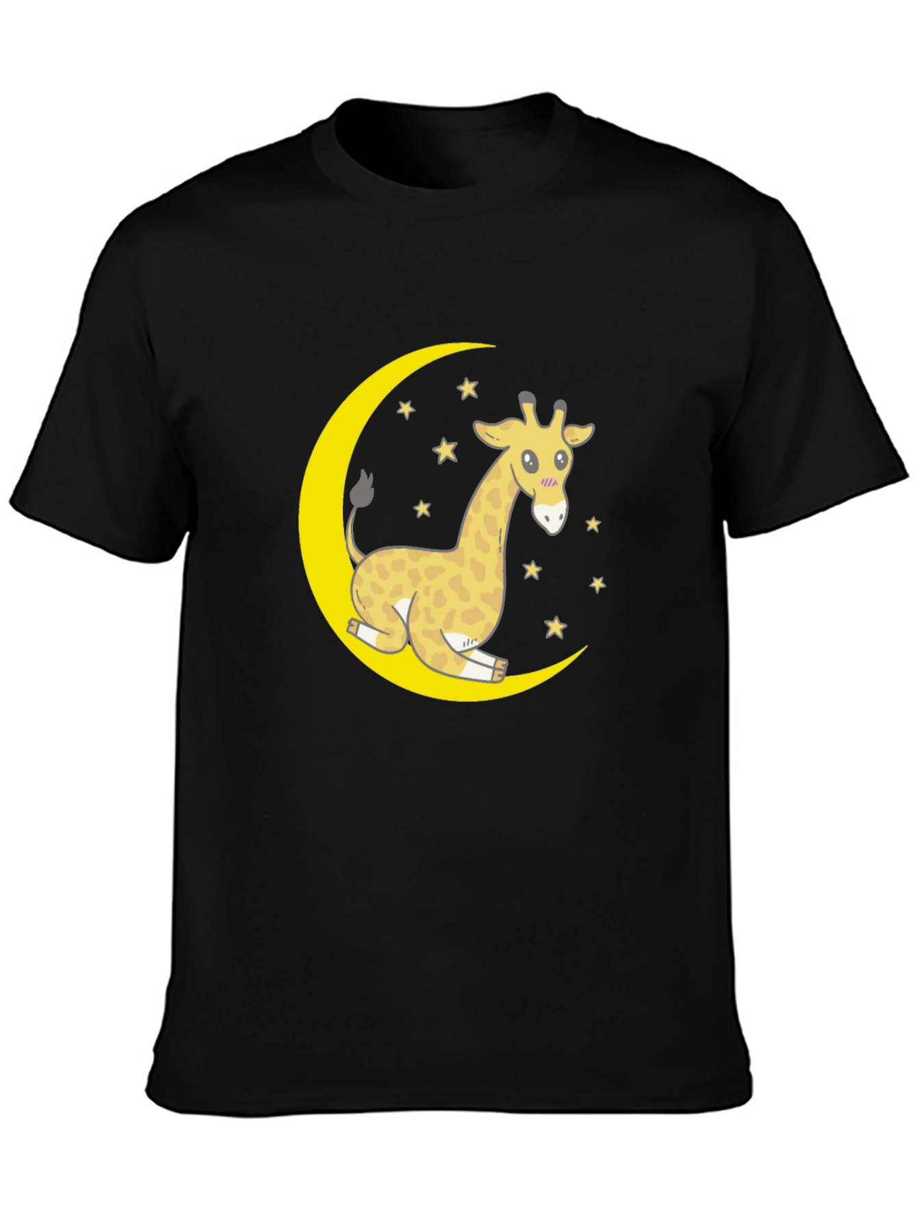 Cute Giraffe on Moon Graphic T-Shirt - Black