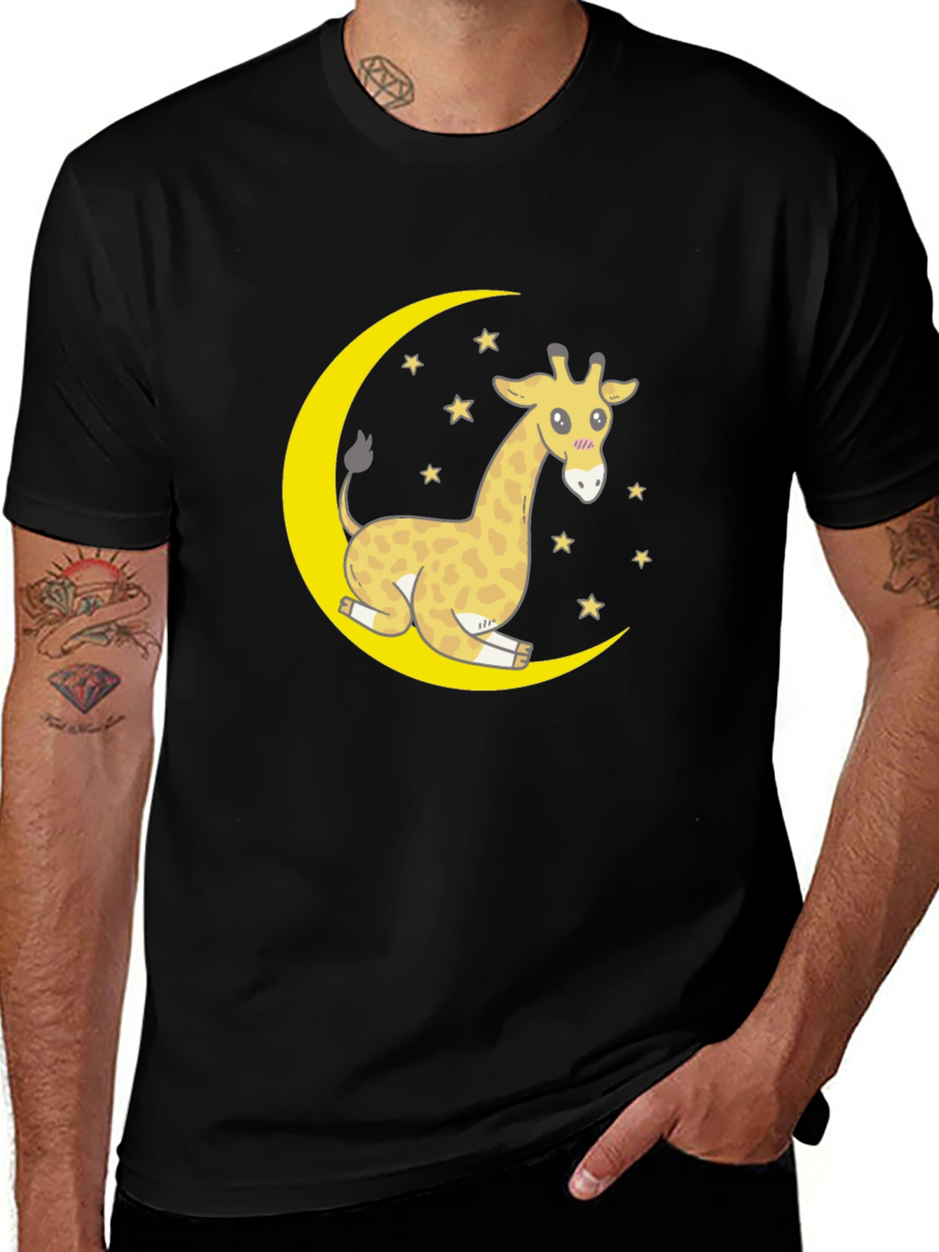 Cute Giraffe on Moon Graphic T-Shirt - Black