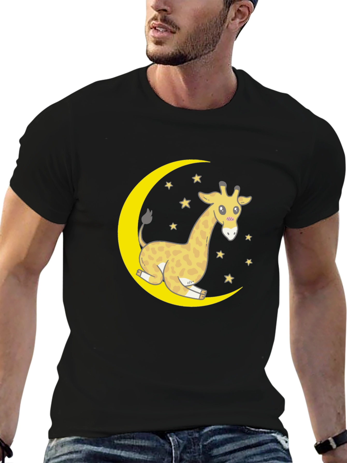 Cute Giraffe on Moon Graphic T-Shirt - Black