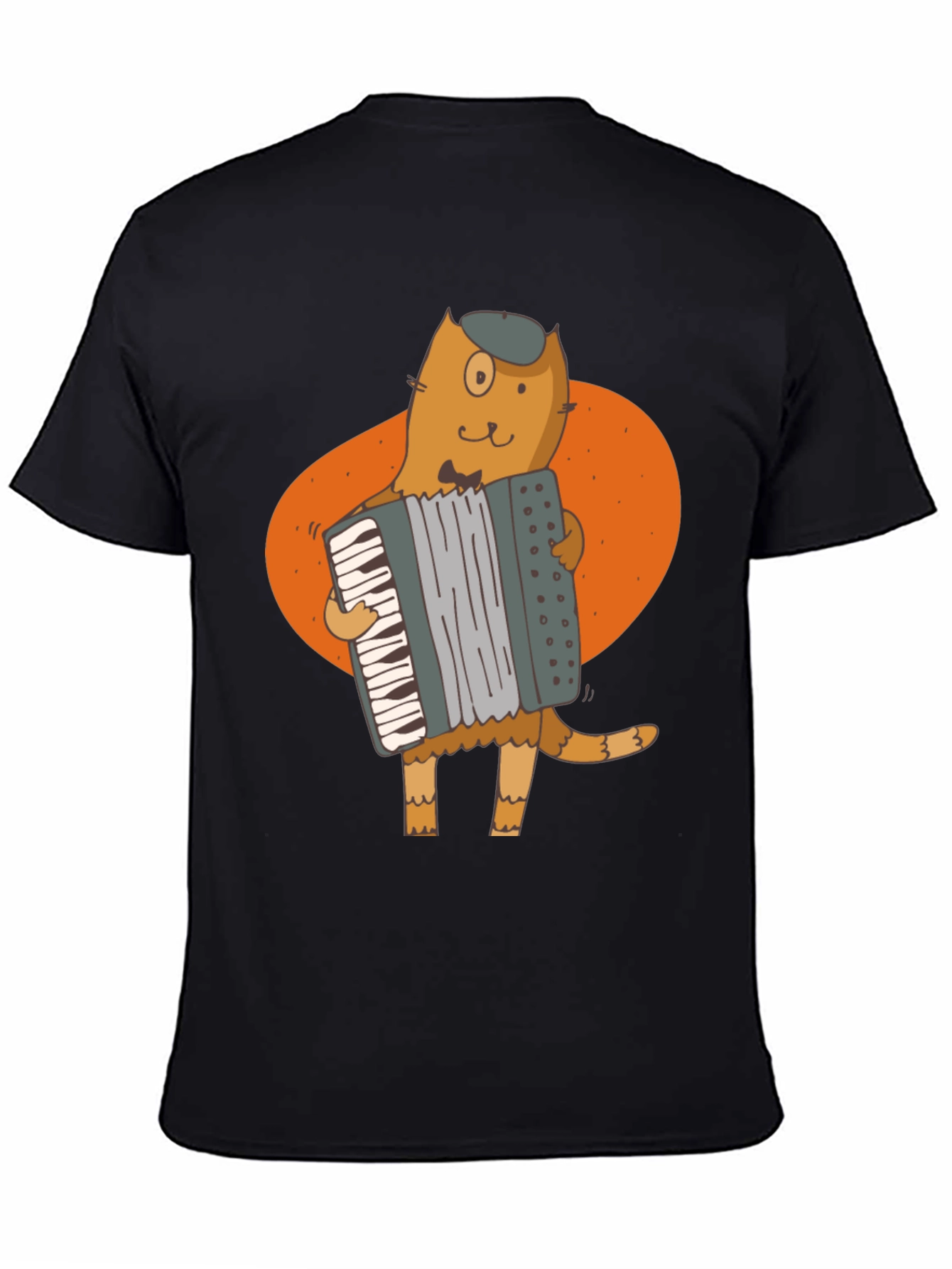 Cat Accordion Player Black T-Shirt