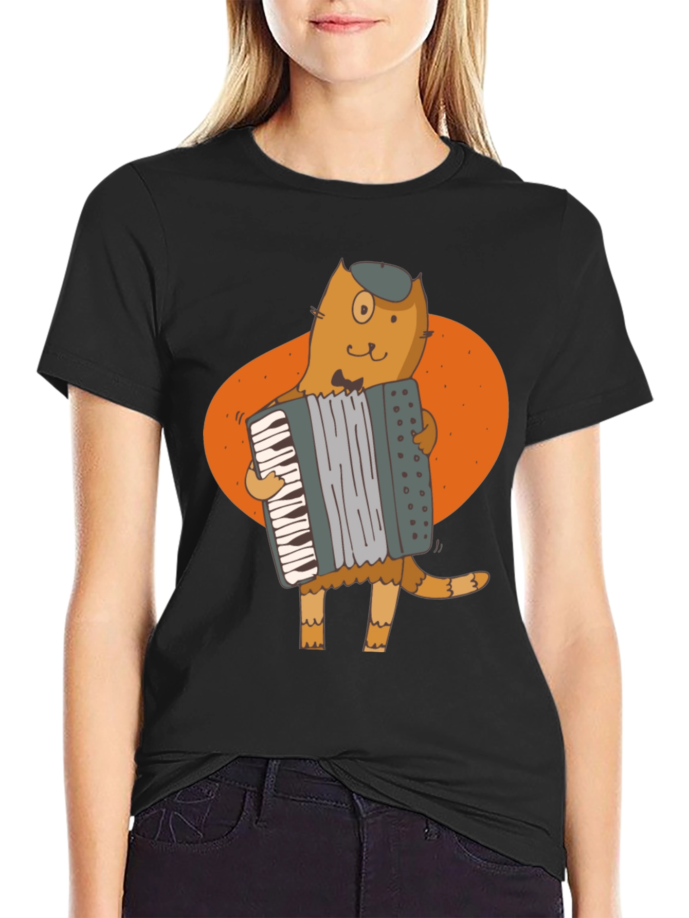 Cat Accordion Player Black T-Shirt