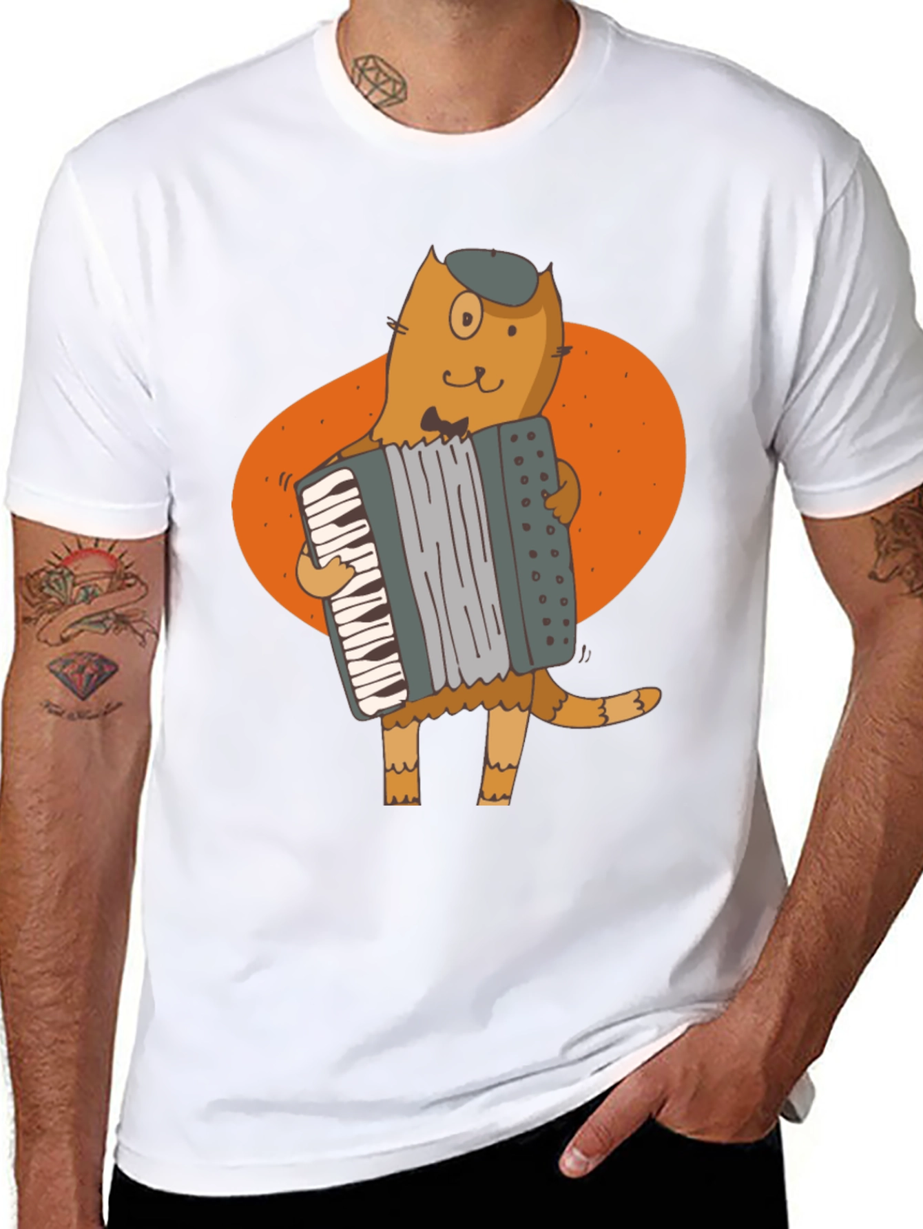 Cat Accordion Player Black T-Shirt