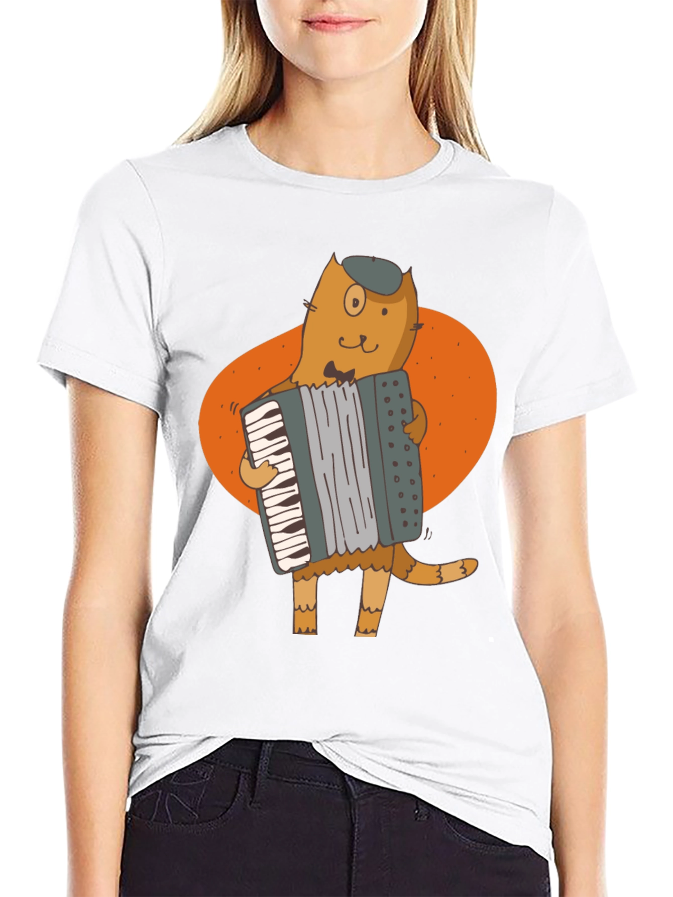 Cat Accordion Player Black T-Shirt