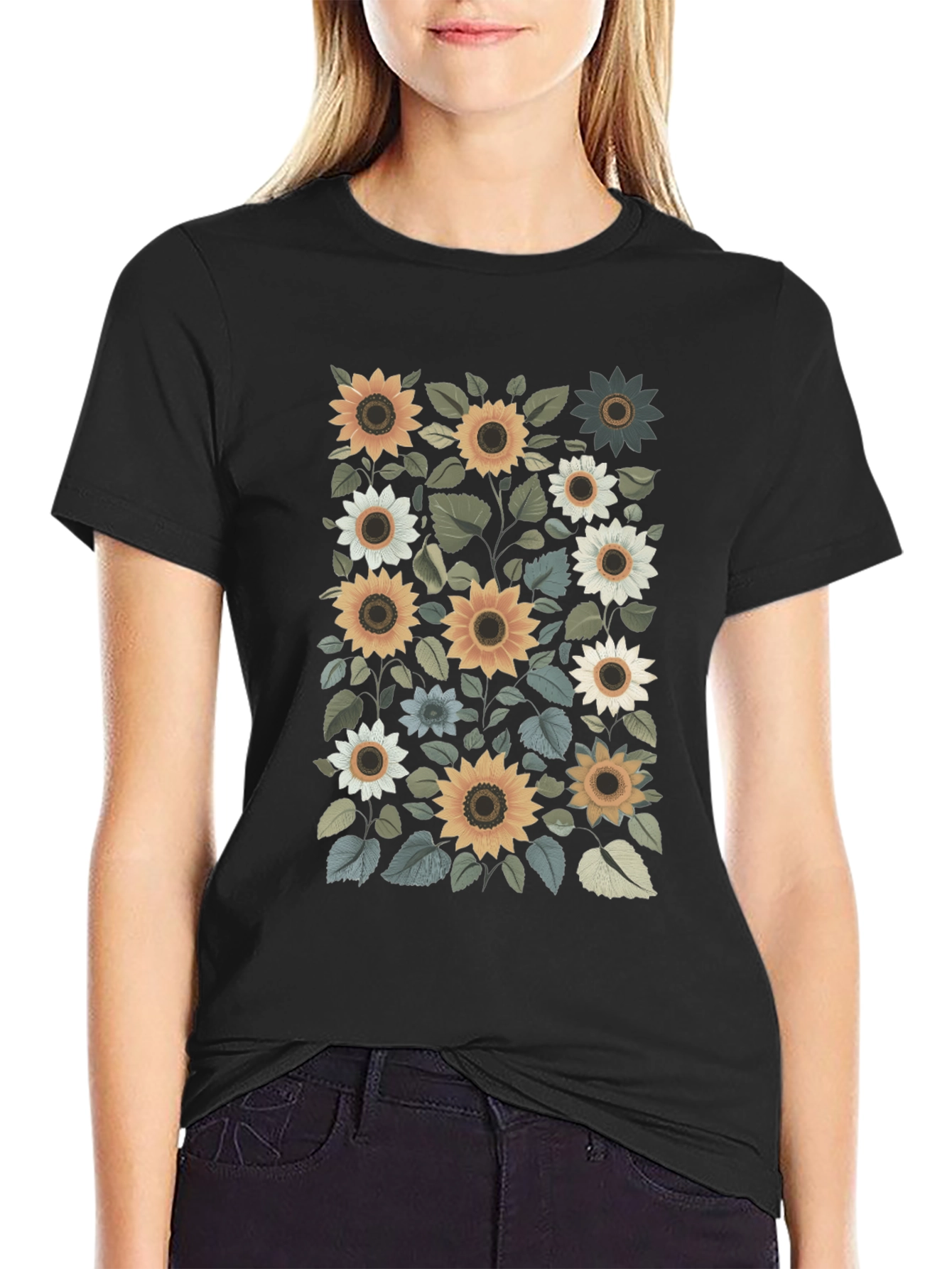 Sunflower Print Black T-Shirt