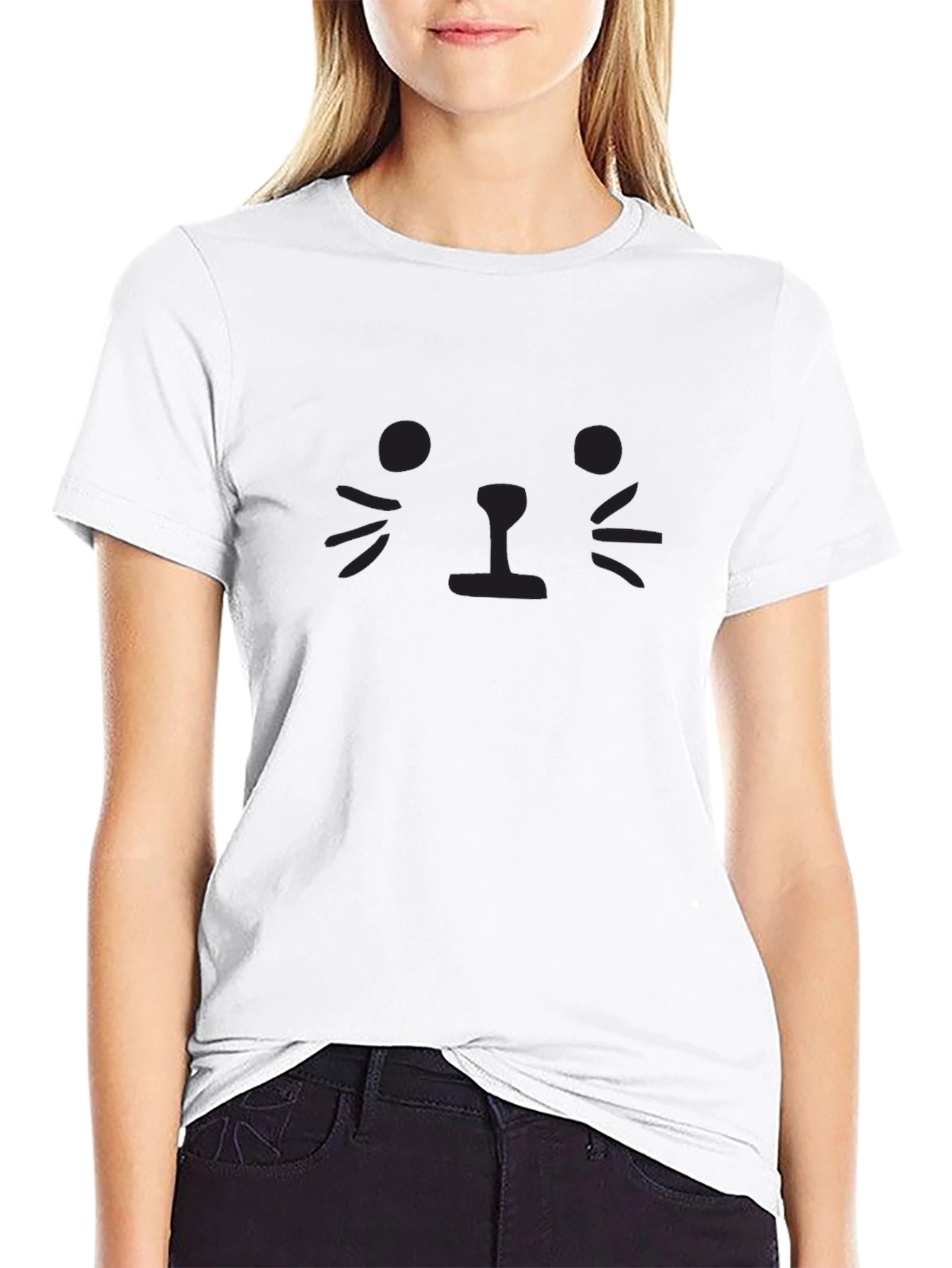 Minimalist Cat Face Graphic T-Shirt - Black