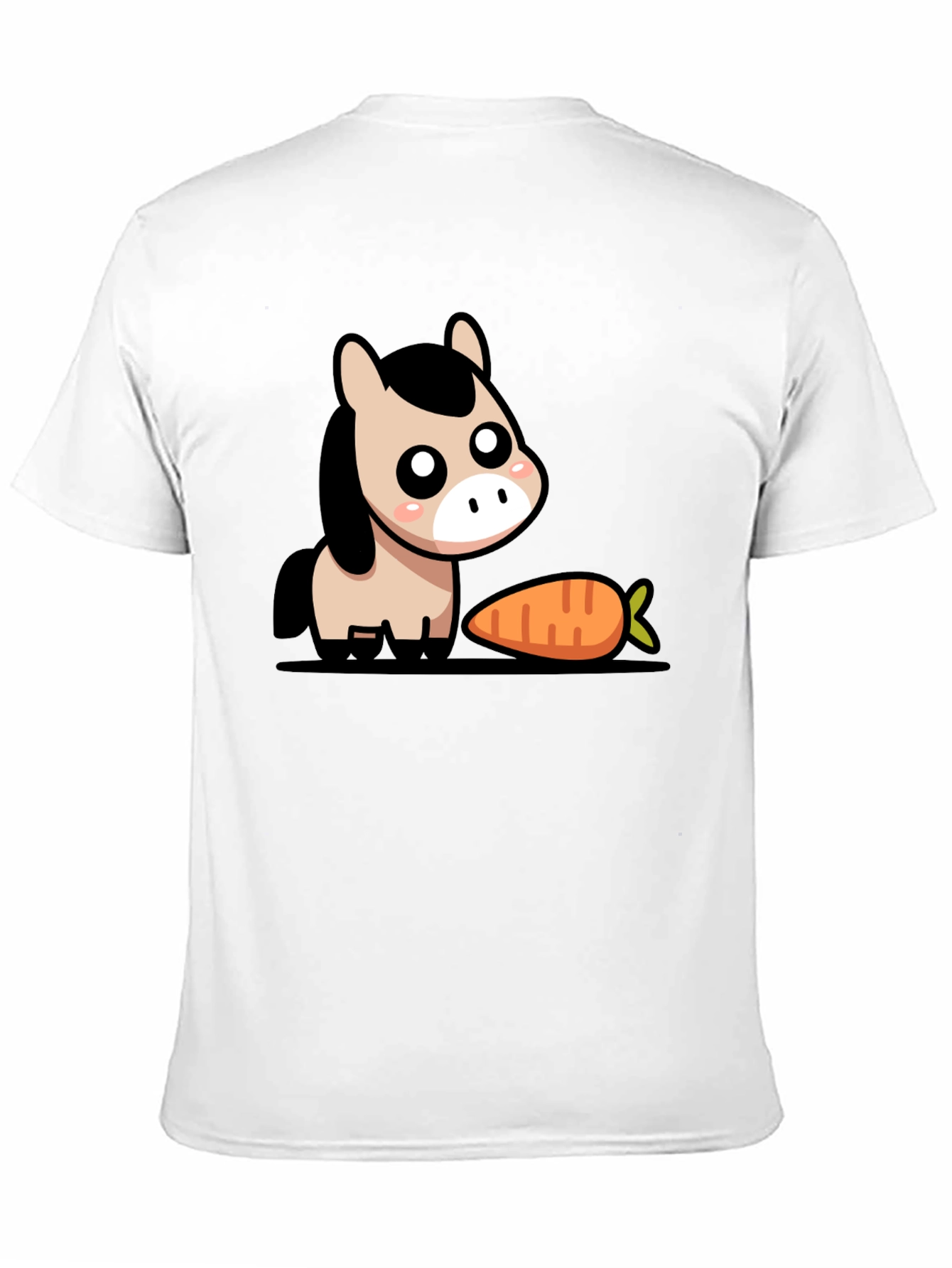 Cute Cartoon Horse with Carrot Black T-Shirt