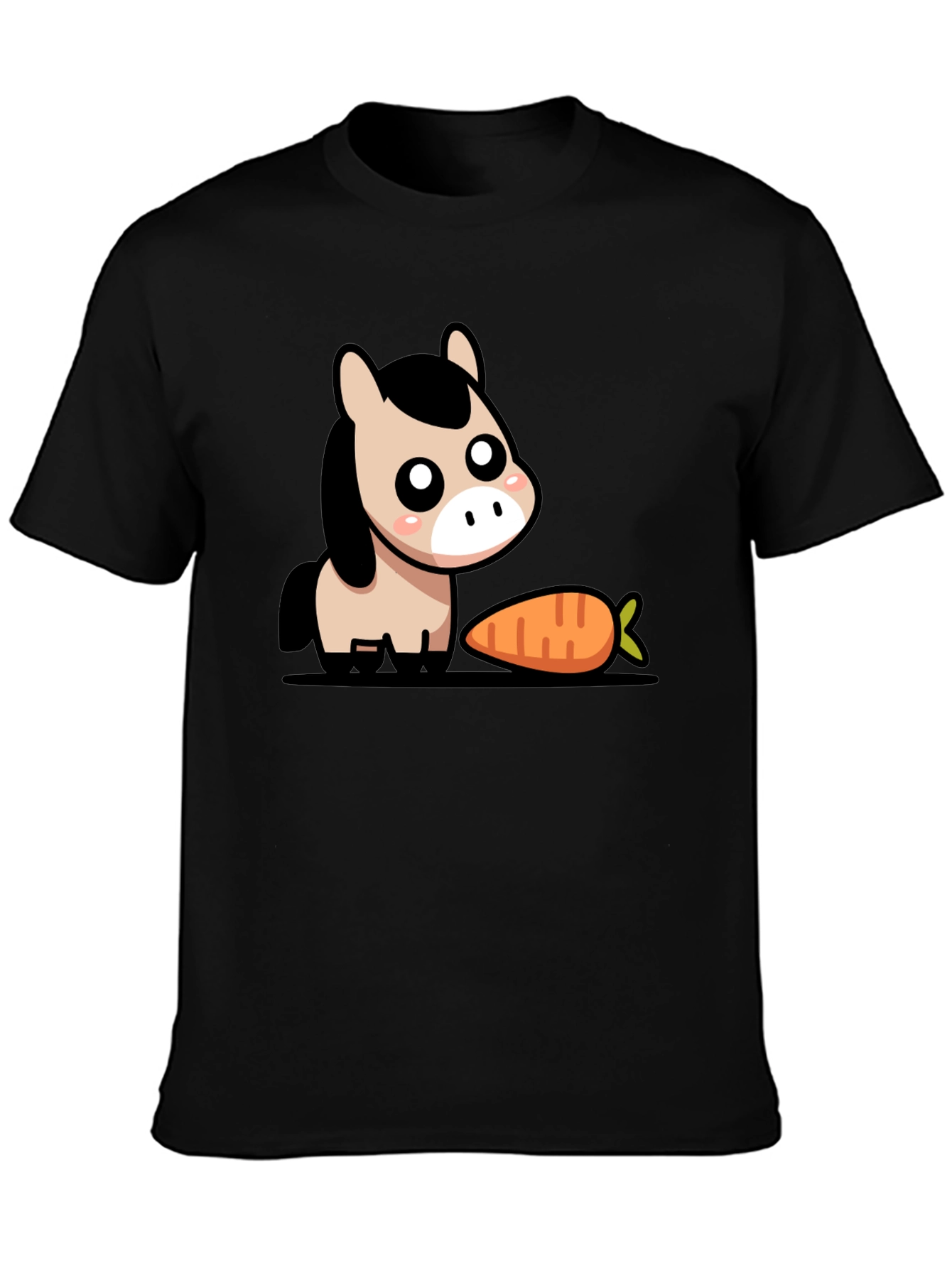 Cute Cartoon Horse with Carrot Black T-Shirt