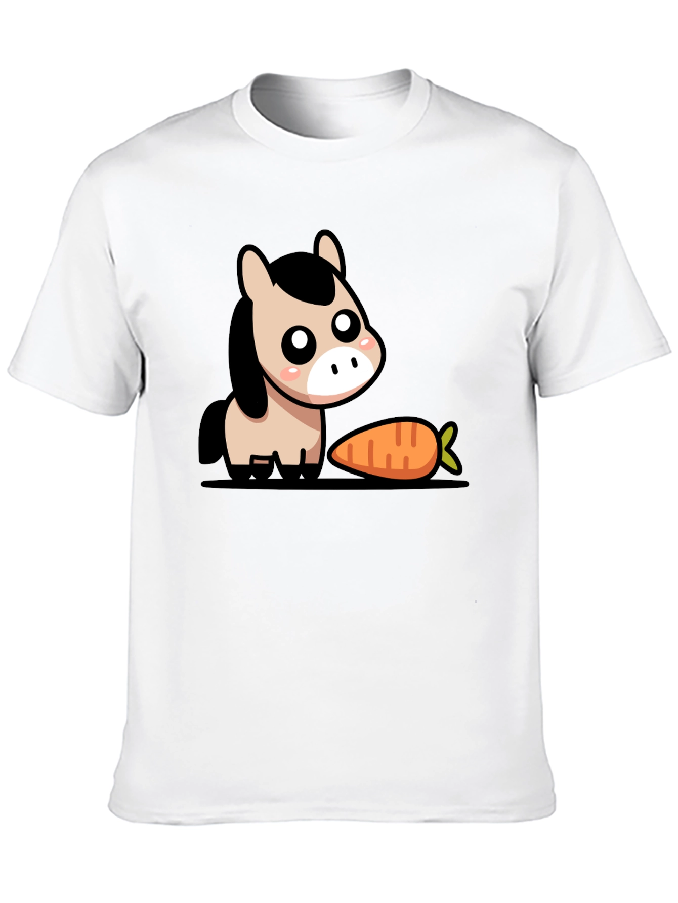 Cute Cartoon Horse with Carrot Black T-Shirt