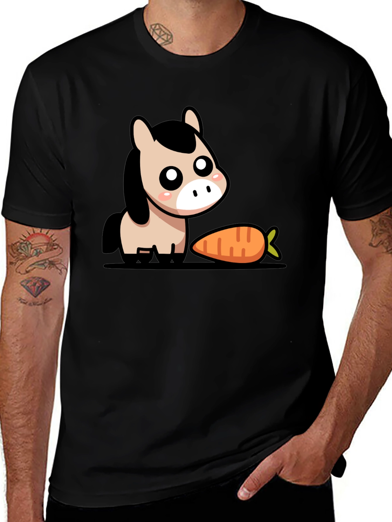 Cute Cartoon Horse with Carrot Black T-Shirt