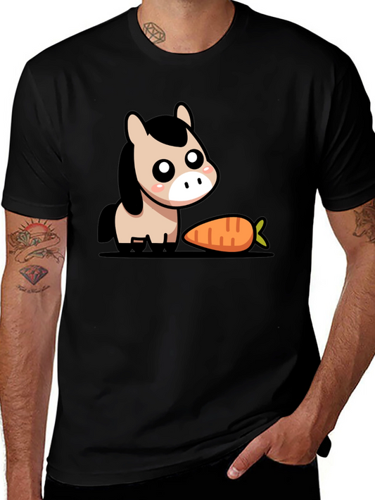 Cute Cartoon Horse with Carrot Black T-Shirt
