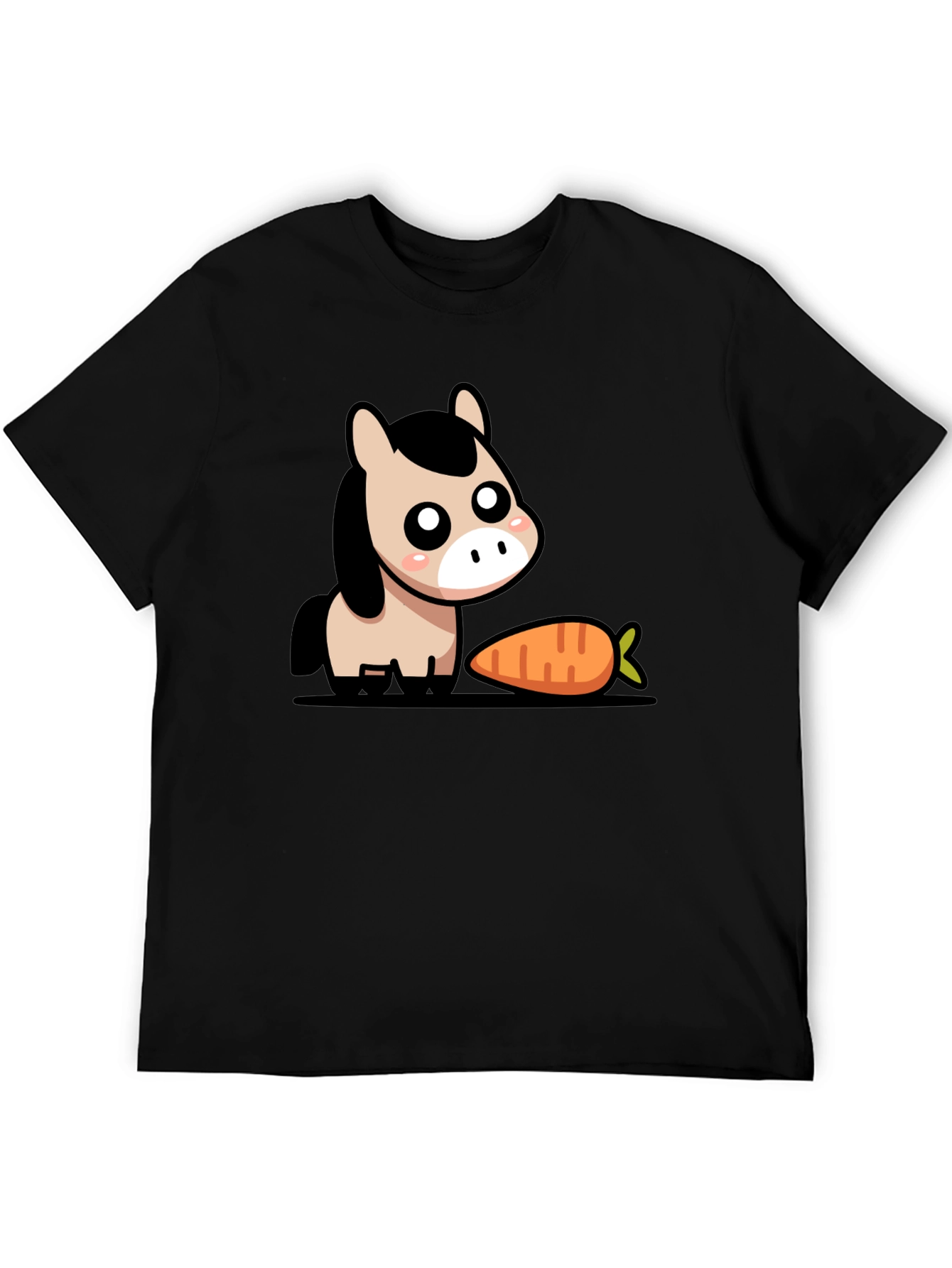 Cute Cartoon Horse with Carrot Black T-Shirt