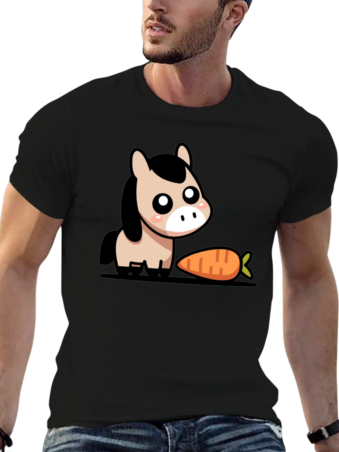Cute Cartoon Horse with Carrot Black T-Shirt