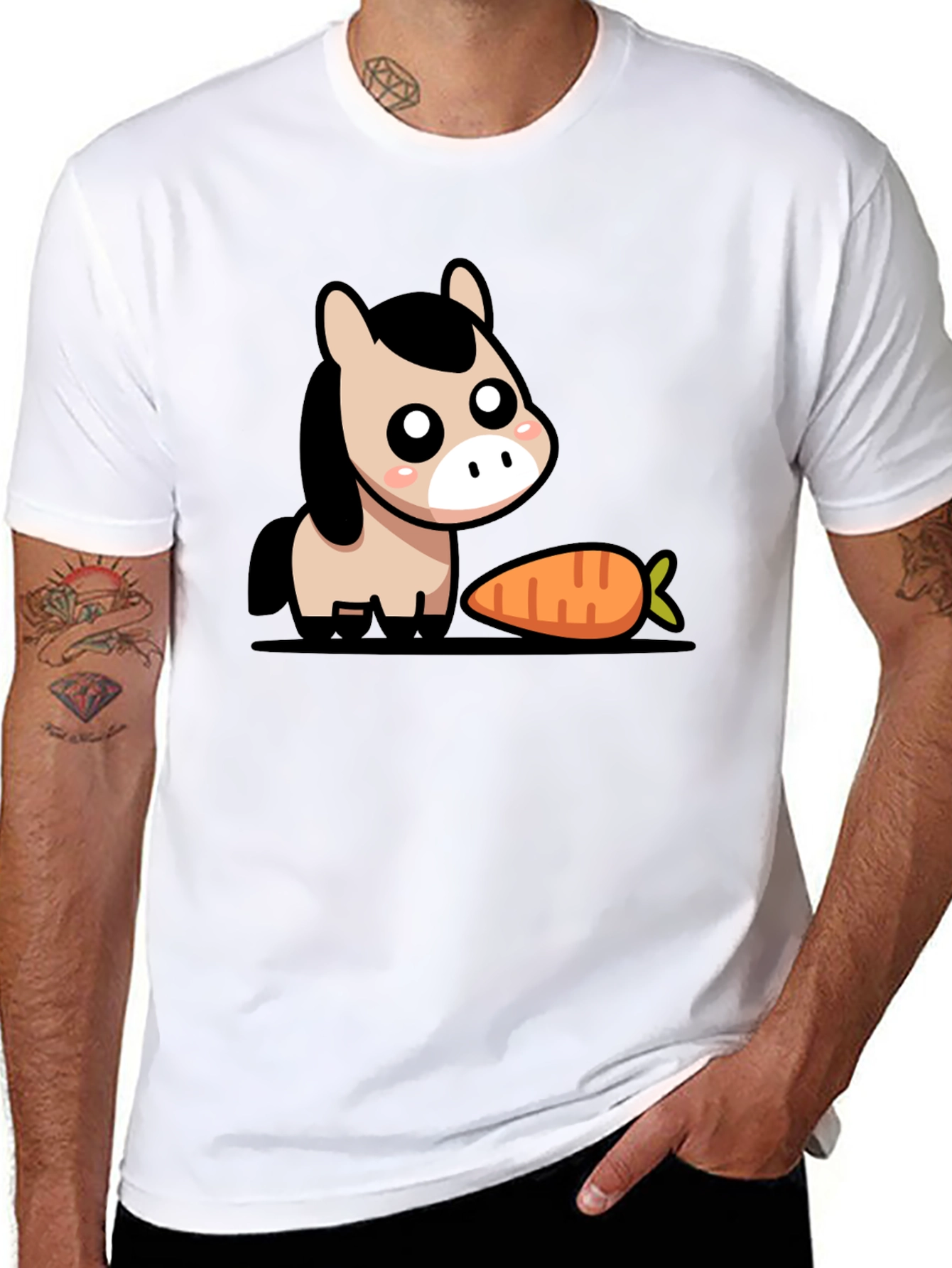 Cute Cartoon Horse with Carrot Black T-Shirt