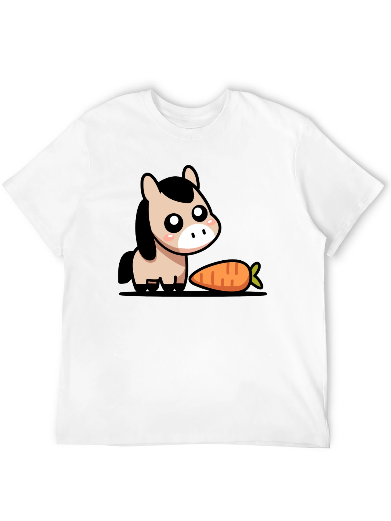 Cute Cartoon Horse with Carrot Black T-Shirt