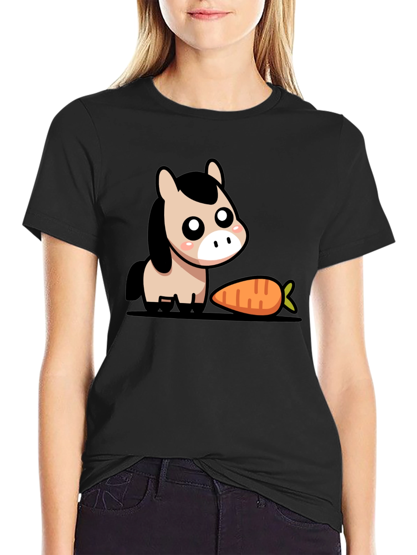 Cute Cartoon Horse with Carrot Black T-Shirt