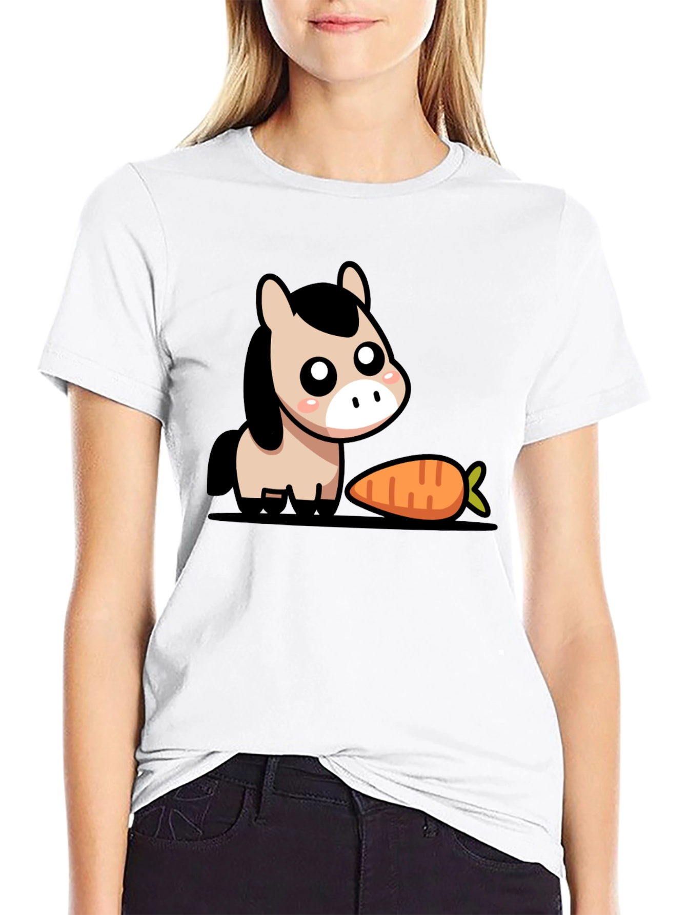 Cute Cartoon Horse with Carrot Black T-Shirt