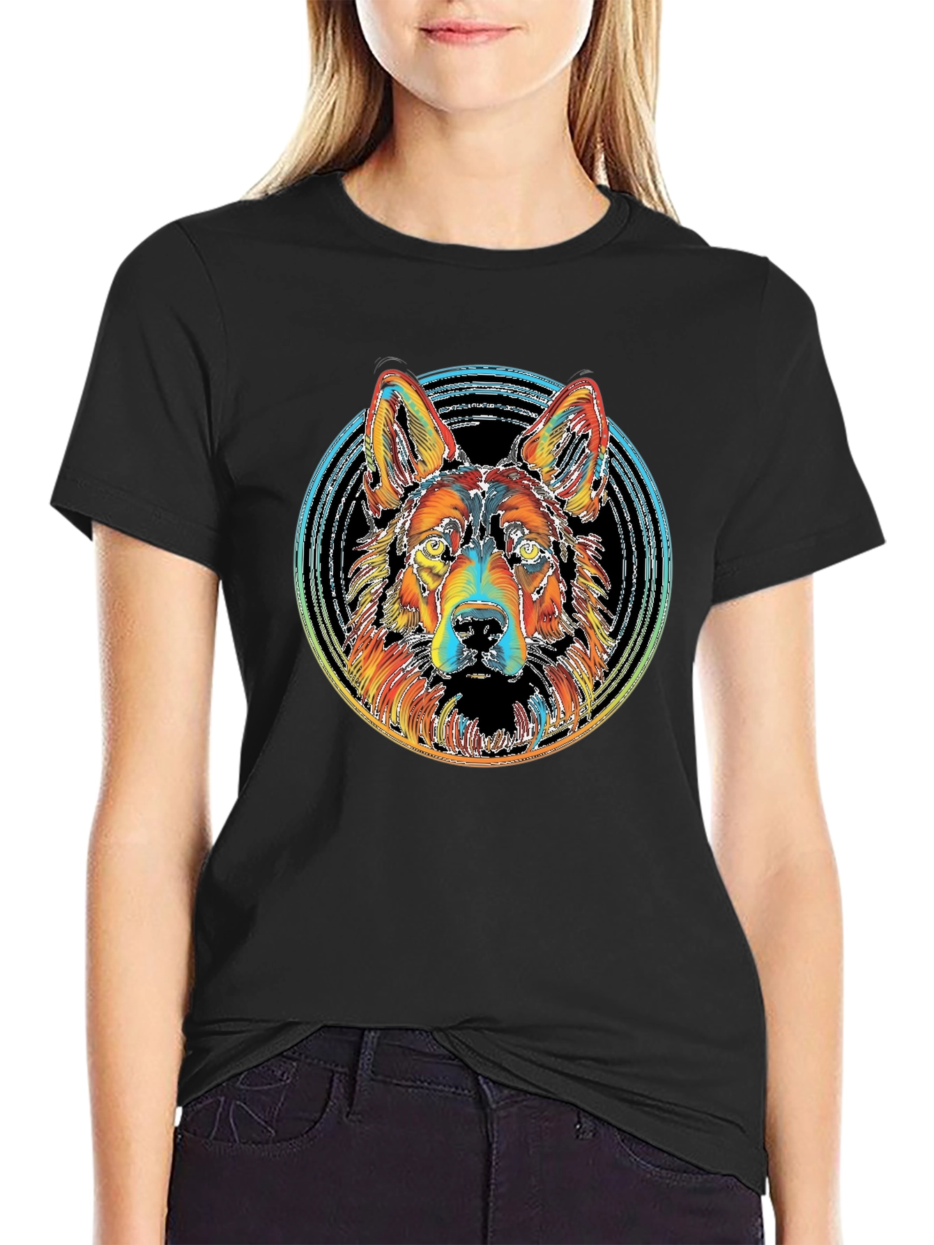 Vibrant German Shepherd Graphic Tee - Black