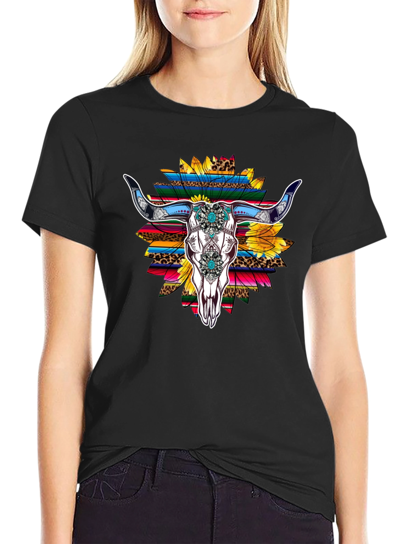 Western Bull Skull Sunflower Graphic Tee
