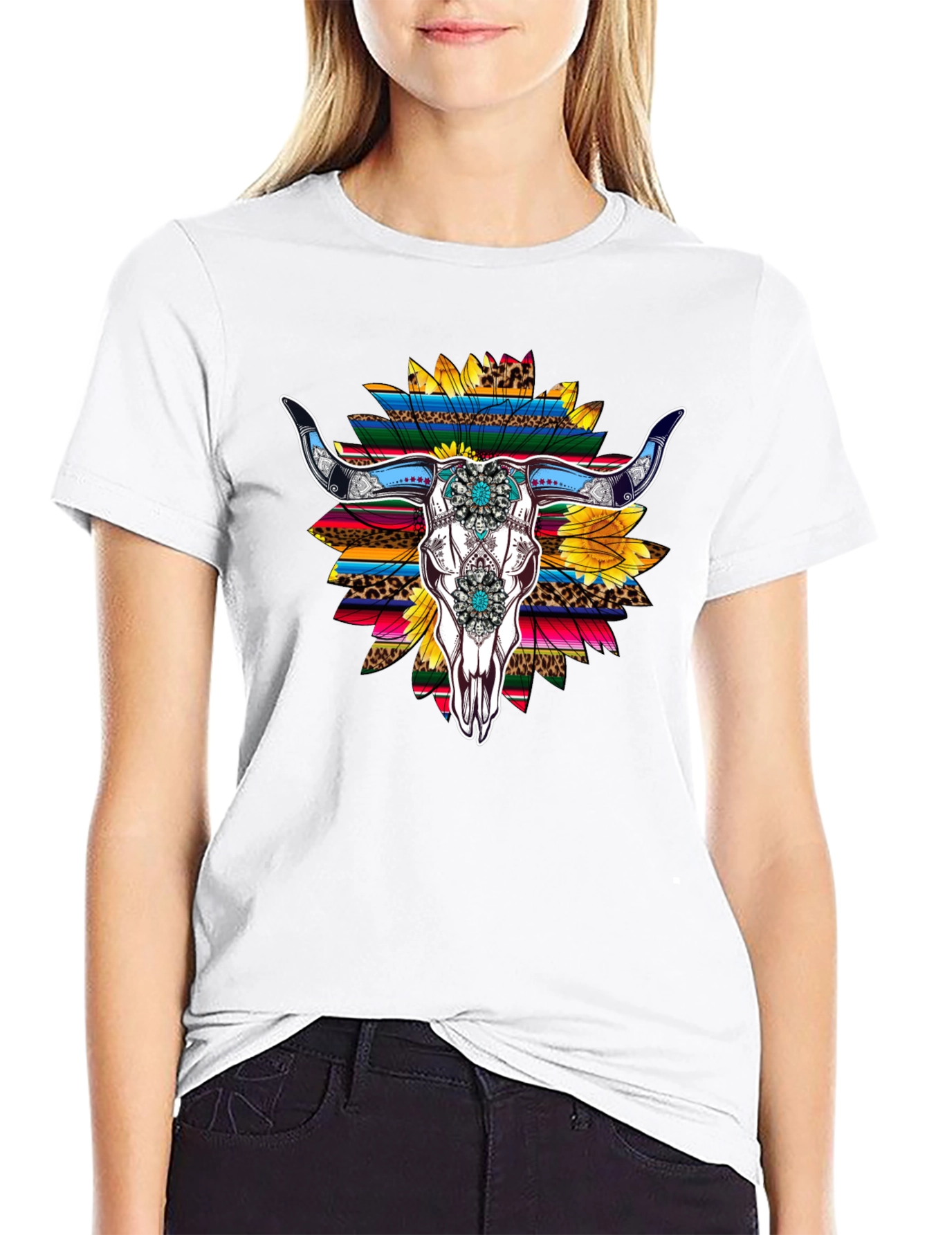 Western Bull Skull Sunflower Graphic Tee