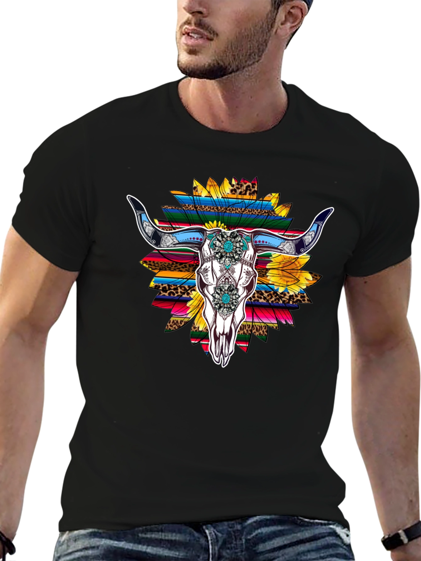 Western Bull Skull Sunflower Graphic Tee