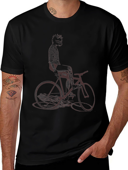 Cool Cat on Bike Graphic Tee - Black Cotton T-Shirt