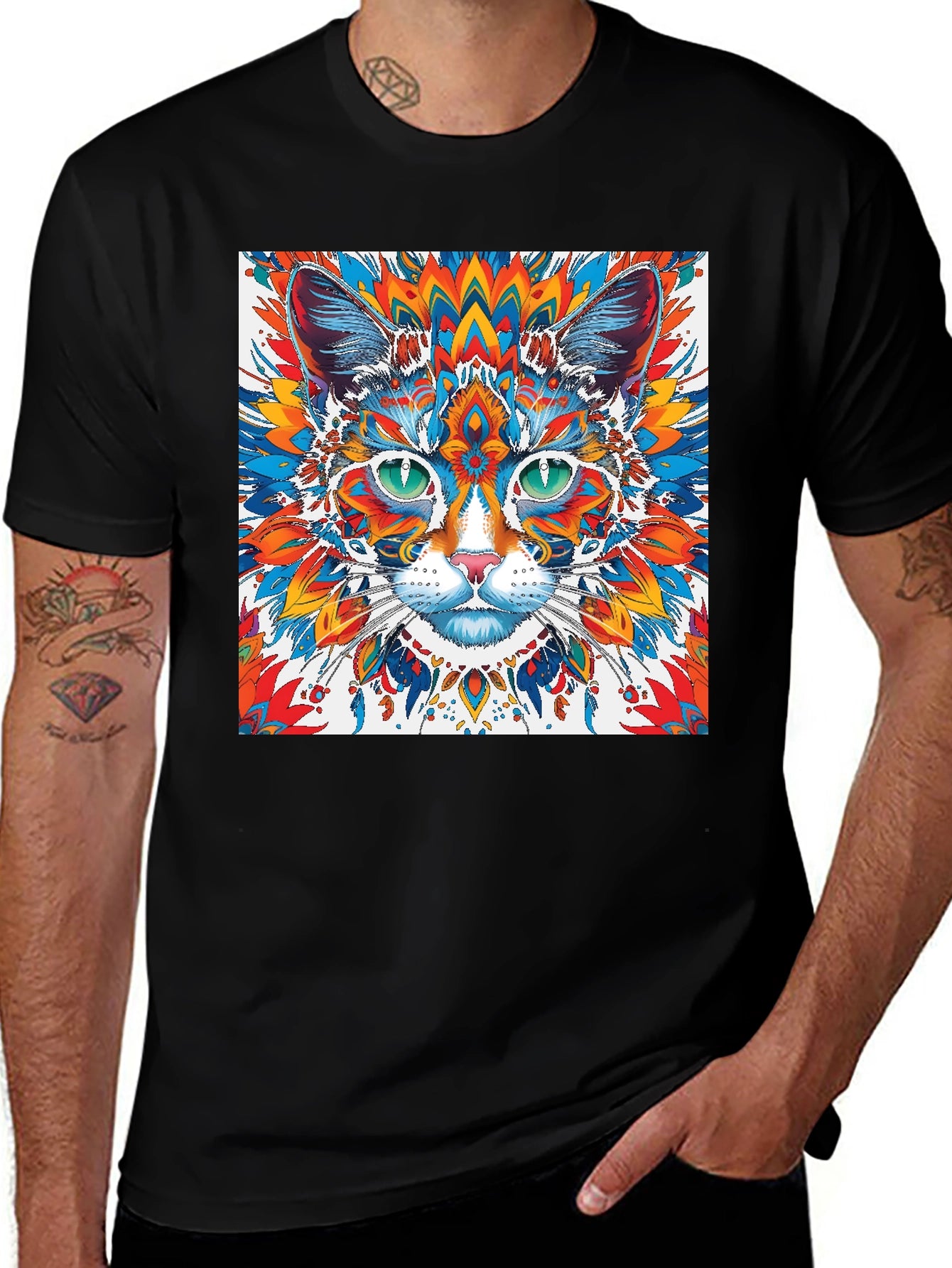 Psychedelic Cat Graphic Tee - Black
