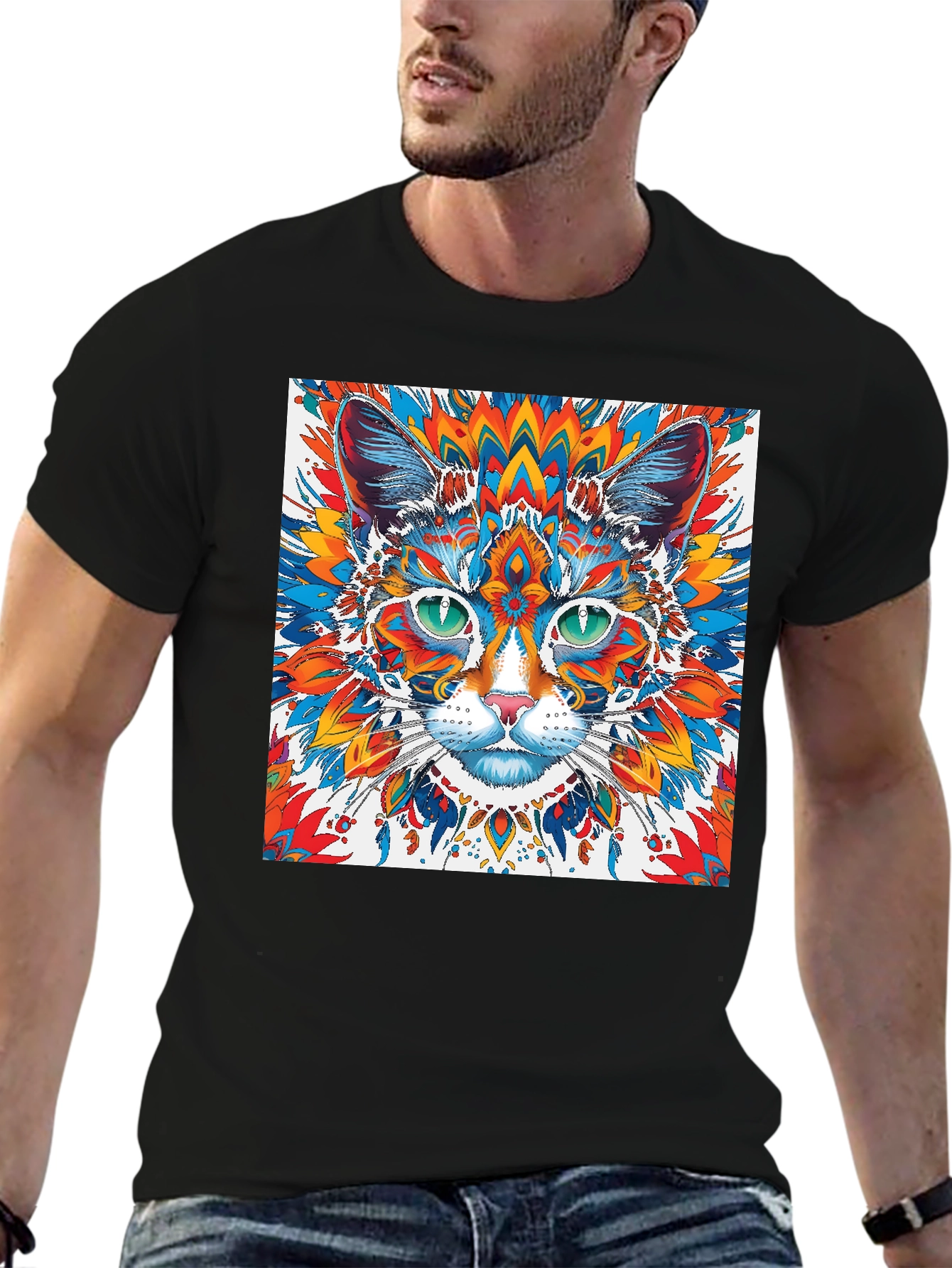 Psychedelic Cat Graphic Tee - Black