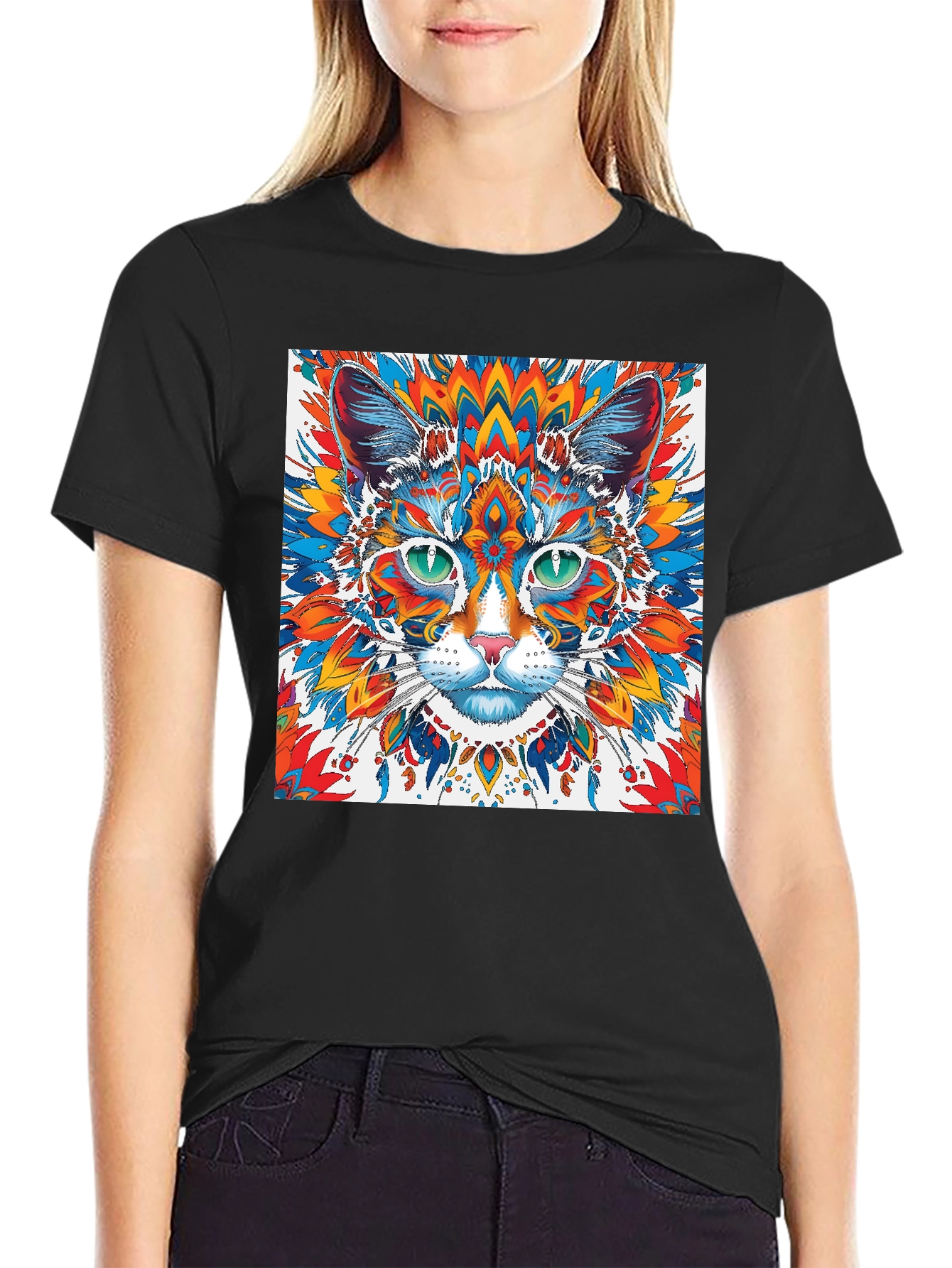 Psychedelic Cat Graphic Tee - Black