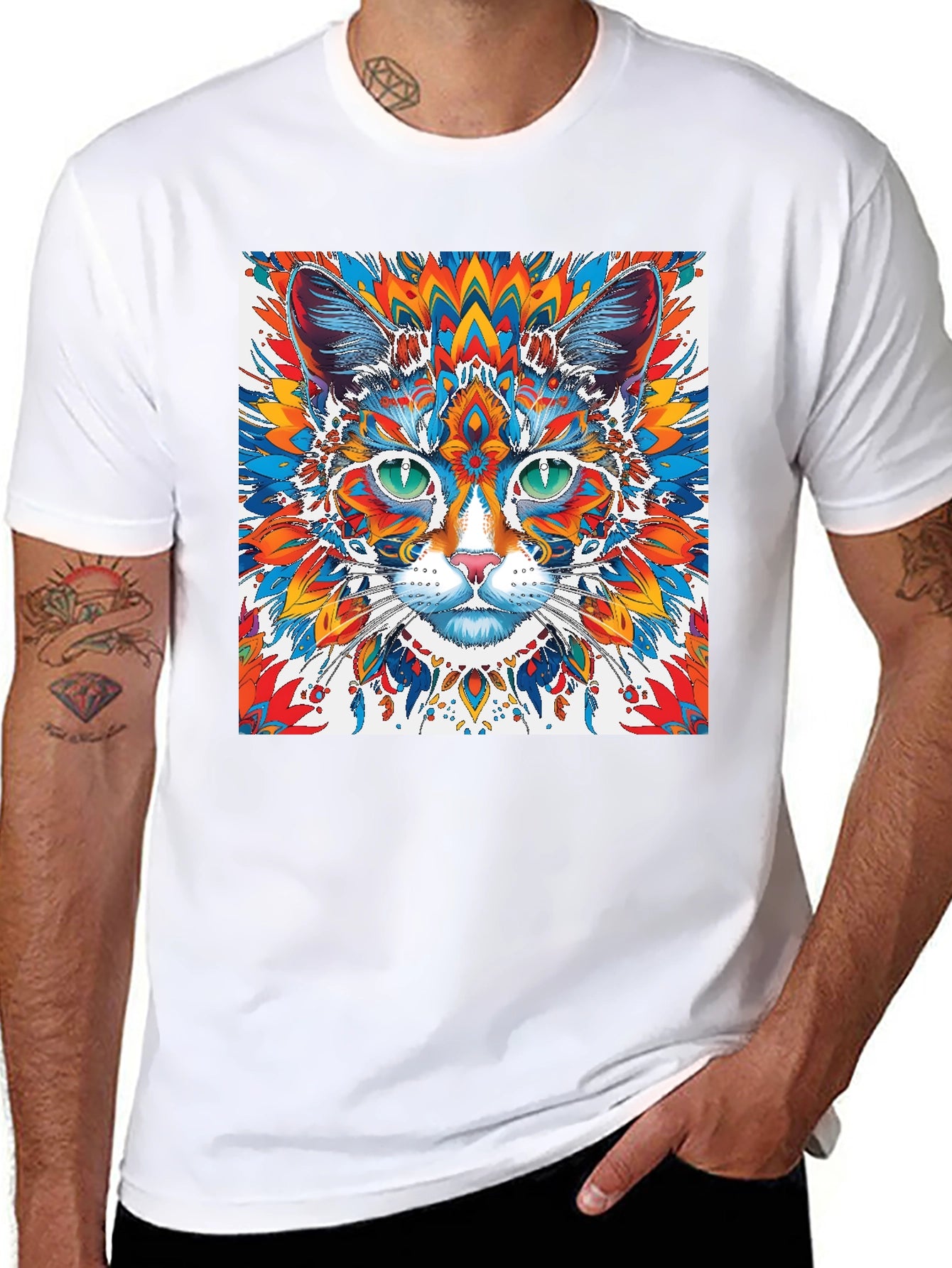 Psychedelic Cat Graphic Tee - Black