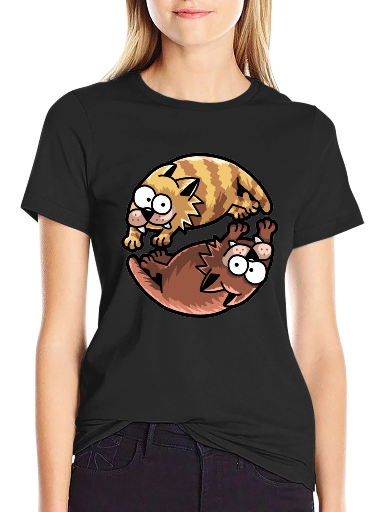 Yin Yang Cats Graphic T-Shirt - Black Cotton Tee