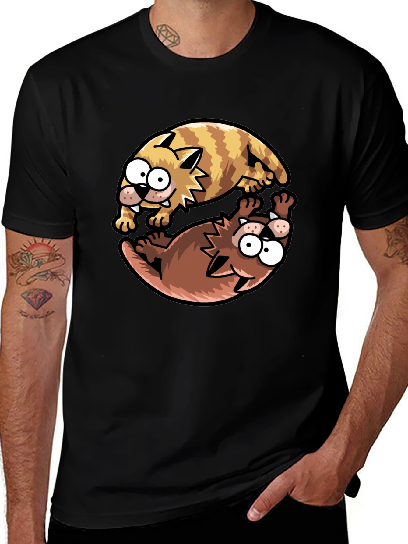 Yin Yang Cats Graphic T-Shirt - Black Cotton Tee
