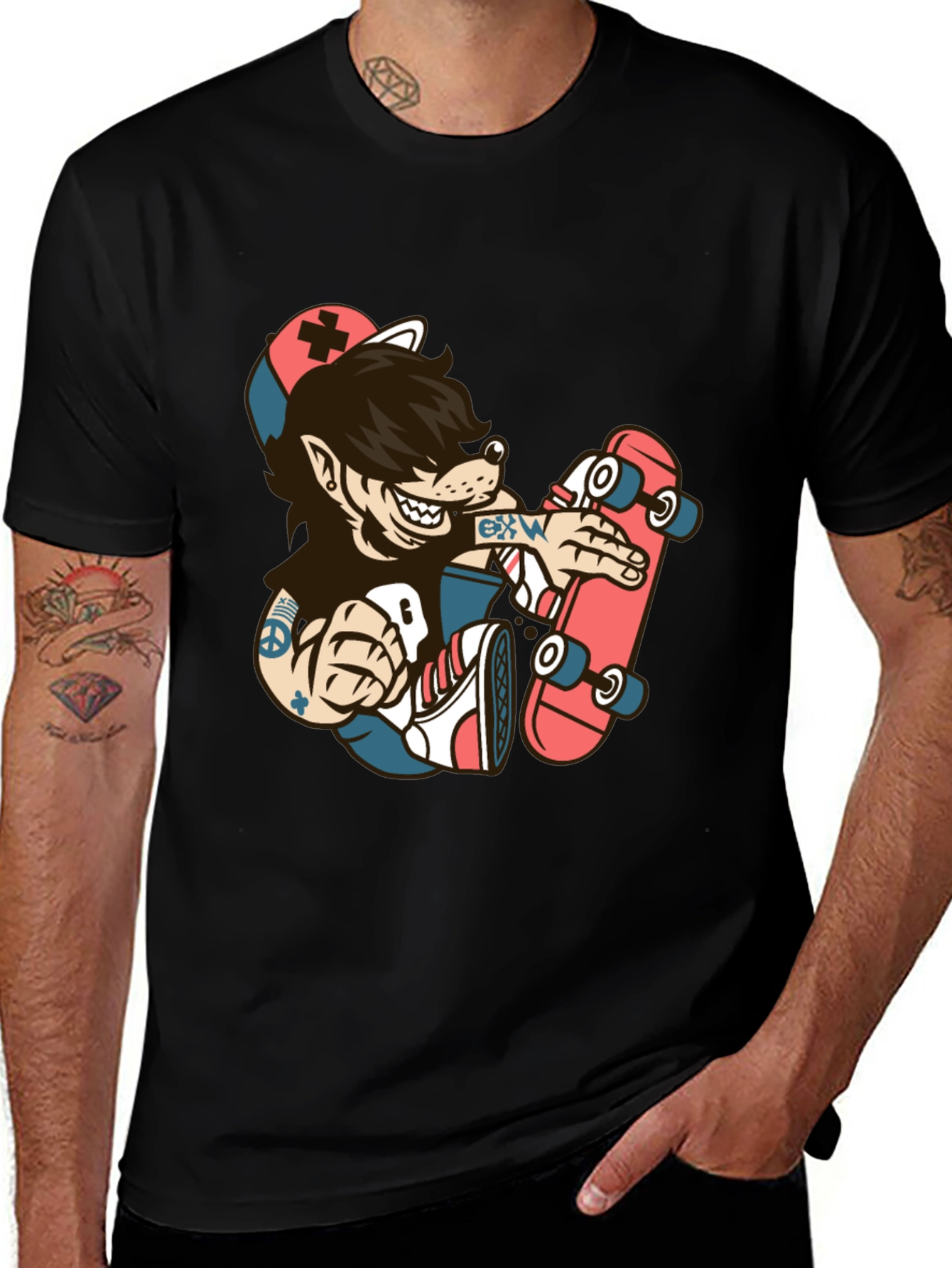 Skater Wolf Graphic Tee - Cool Cartoon T-Shirt