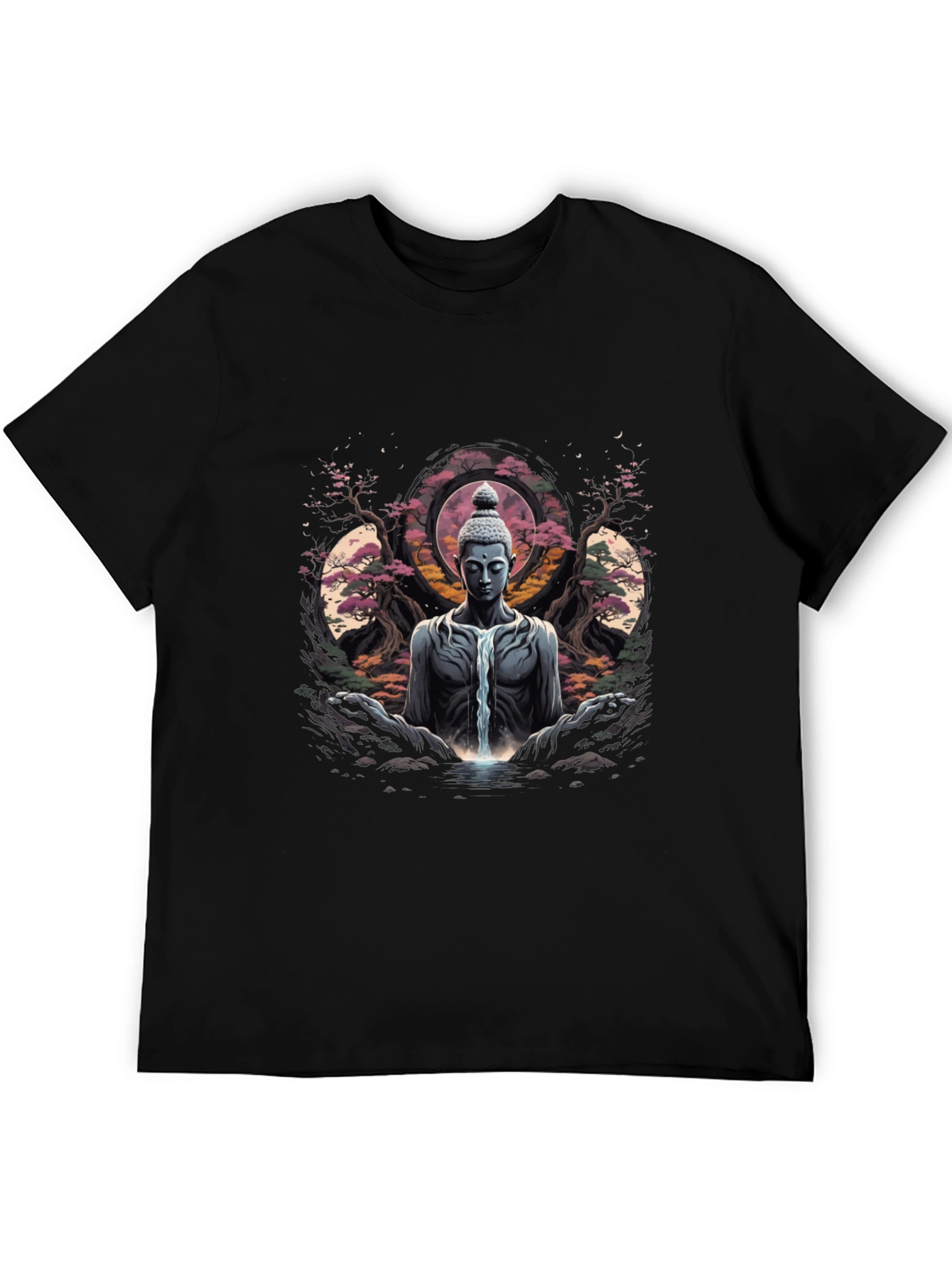 Buddha Waterfall Graphic T-Shirt - Meditative Black Tee