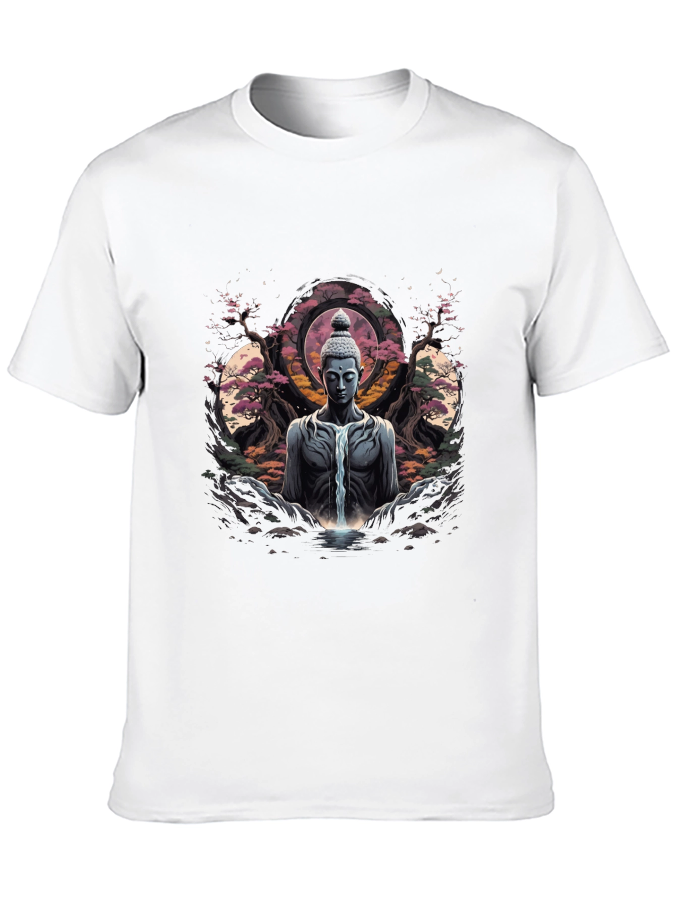 Buddha Waterfall Graphic T-Shirt - Meditative Black Tee
