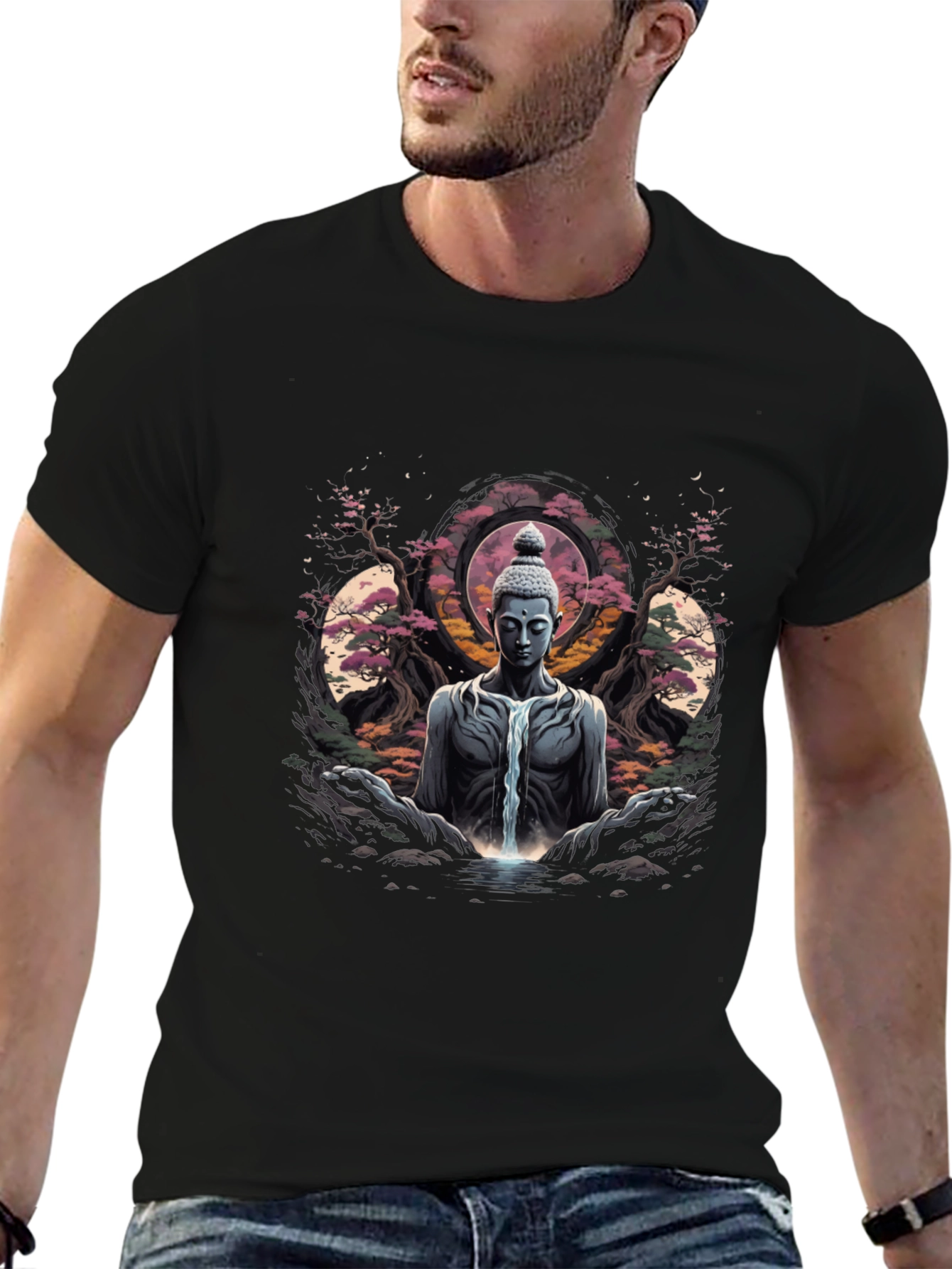 Buddha Waterfall Graphic T-Shirt - Meditative Black Tee