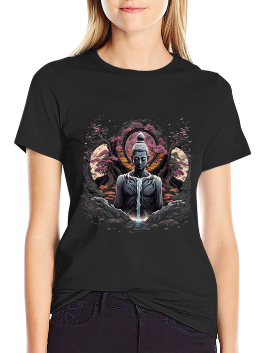 Buddha Waterfall Graphic T-Shirt - Meditative Black Tee