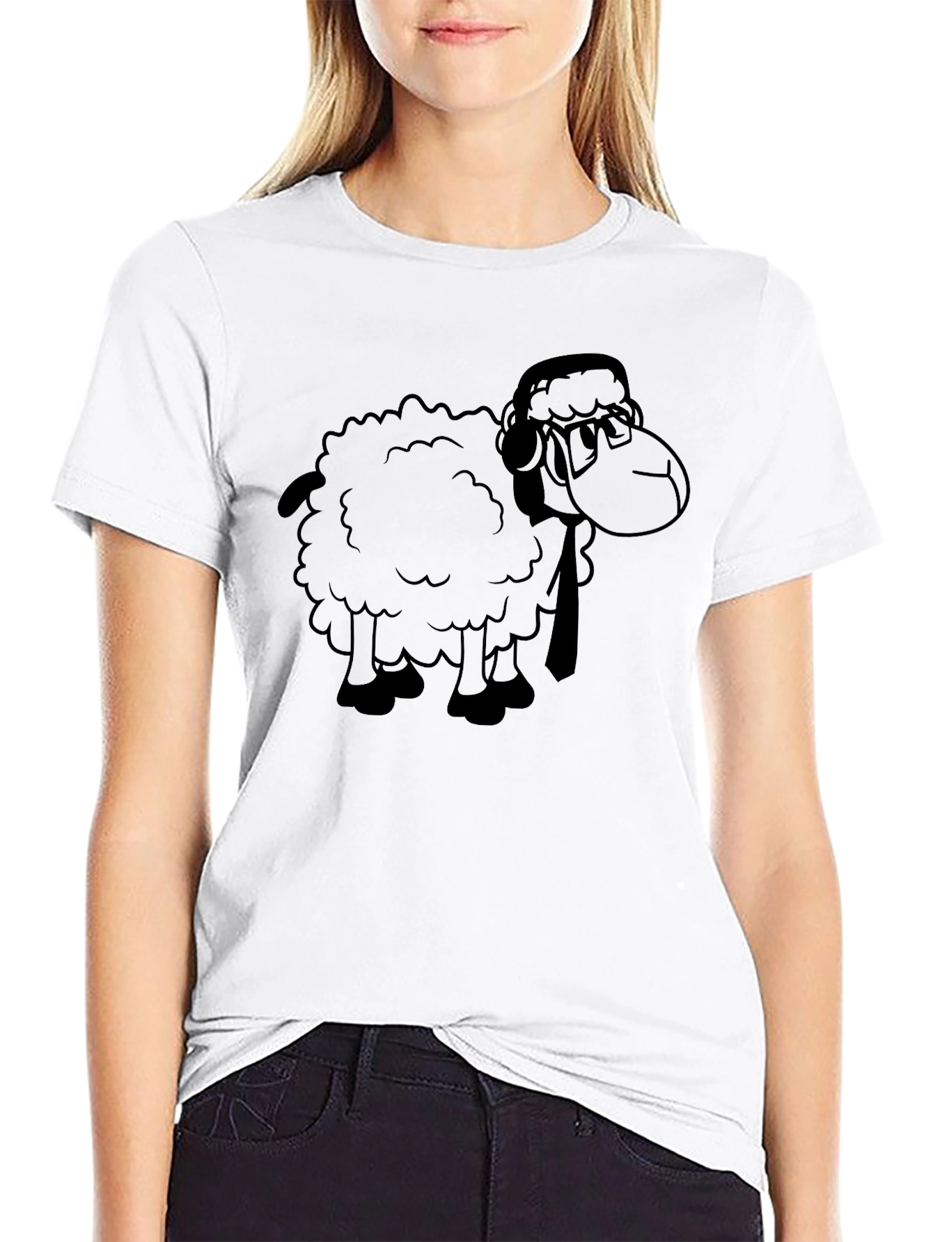 Cartoon Sheep Graphic Tee - Black Cotton T-Shirt